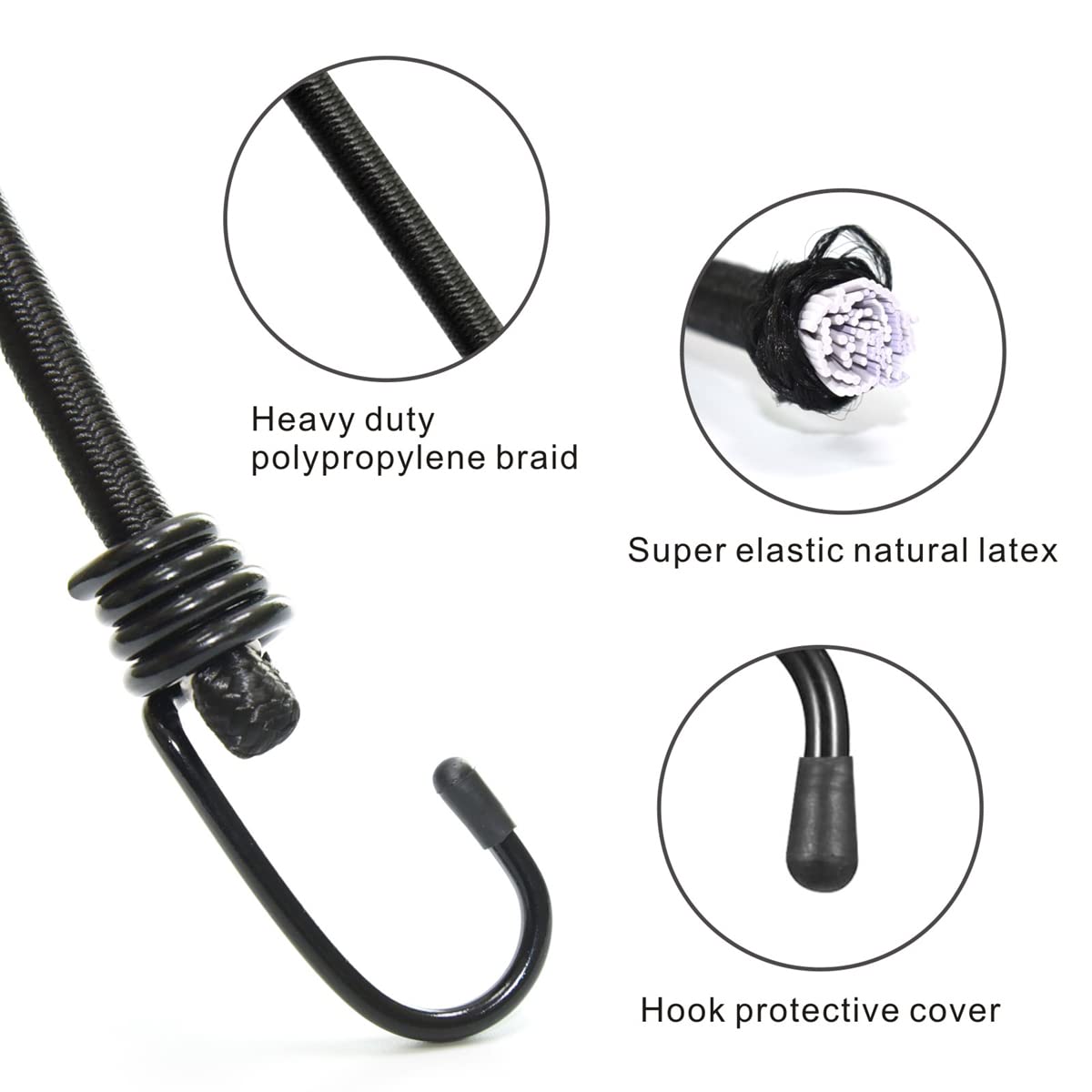 Bungee Cords with Hooks, Heavy Duty Outdoor Elastic Bungee Straps，No Odour Industrial Grade Bungee Rope for Securing Tarps, Luggage, Tents, Bikes or Garden Tidying 48inch 4Pcs (Black)