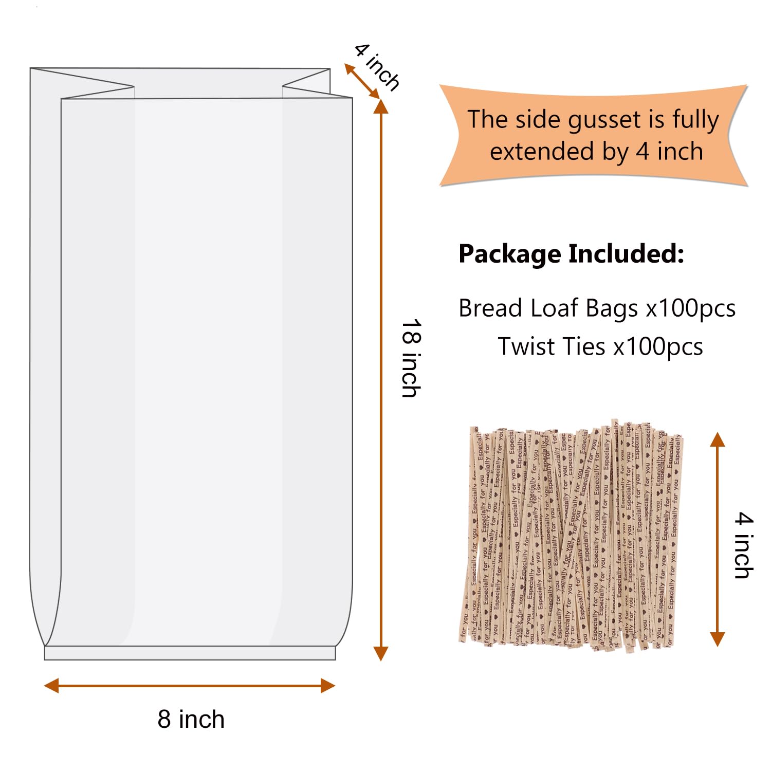 Bread Bags With Ties,100 Pieces 18x4x8 Inches Reusable Plastic Loaf Storage Bags for Homemade Bread Gift Giving