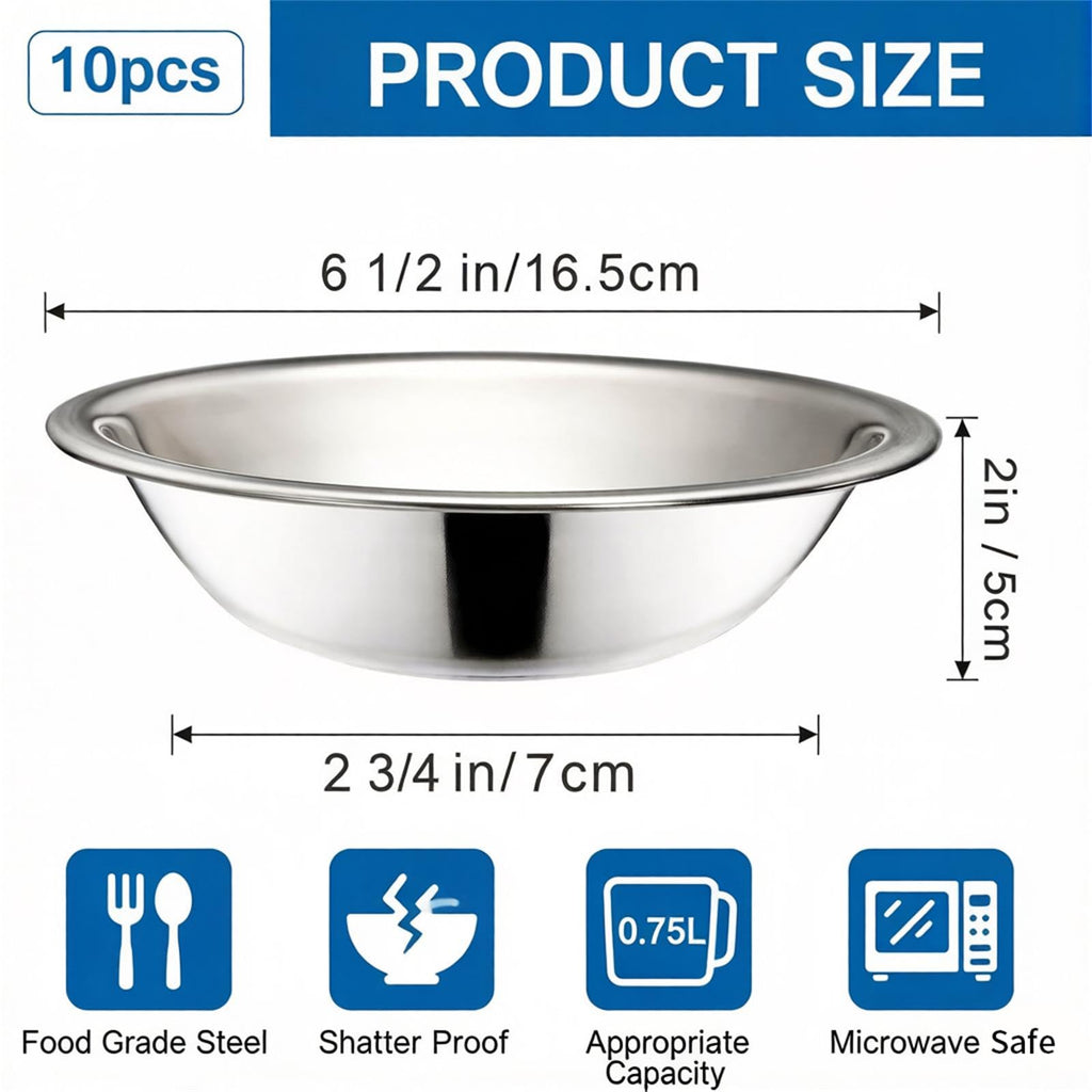 Okllen 10 Pack Small Stainless Steel Mixing Bowls, 6.5 Inch Wide Kitchen Metal Bowl with Flat Base, 3/4 Quart Prep Bowls for Meal Prep, Cooking, Serving, Baking