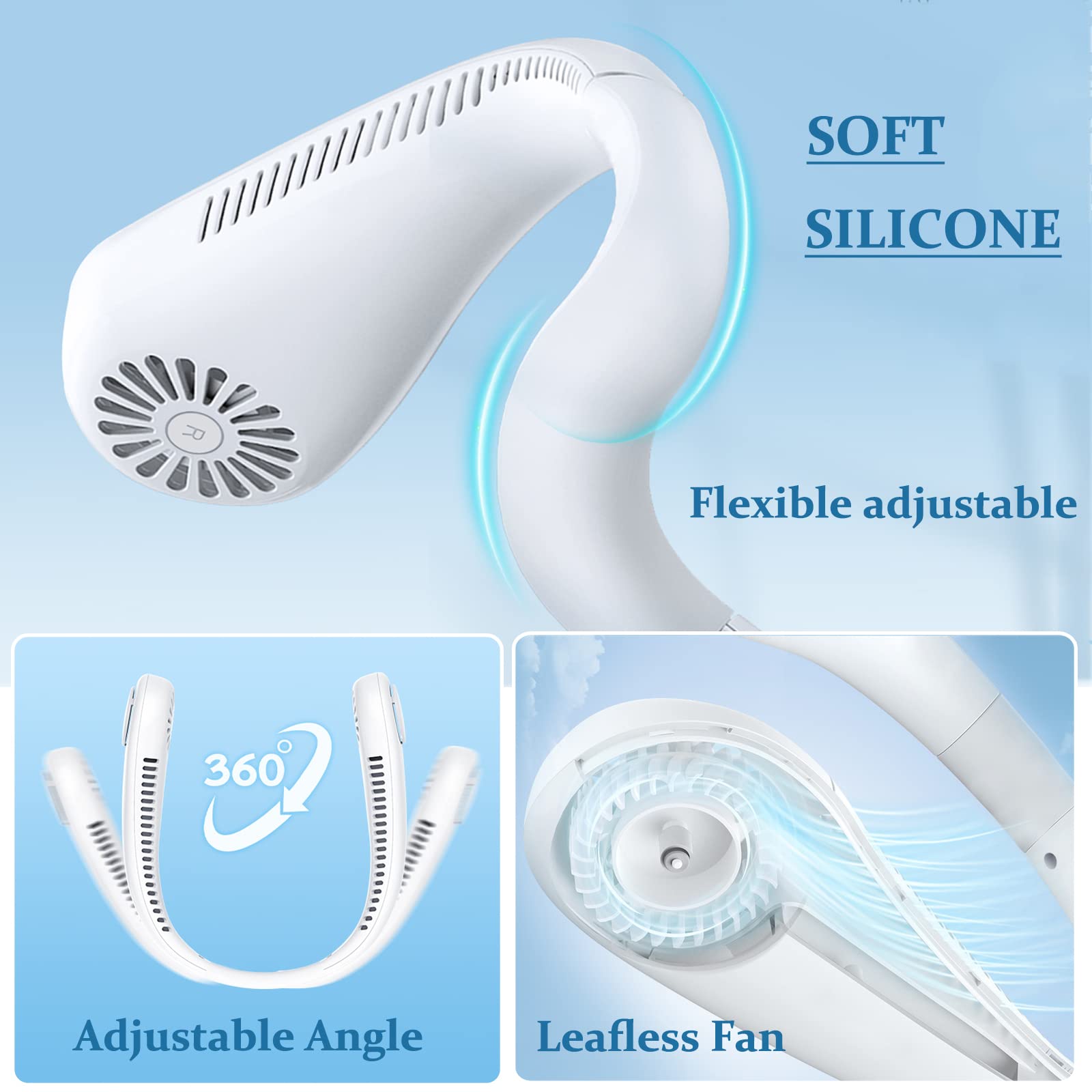 Portable Neck Fan, Rechargeable Personal Neckband Hands Free Bladeless Fan, 360° Surround Vaneless Hanging Neck Fans with 3 Speeds Adjustable for Men Women Home Office Travel, Faster Cooling (White)
