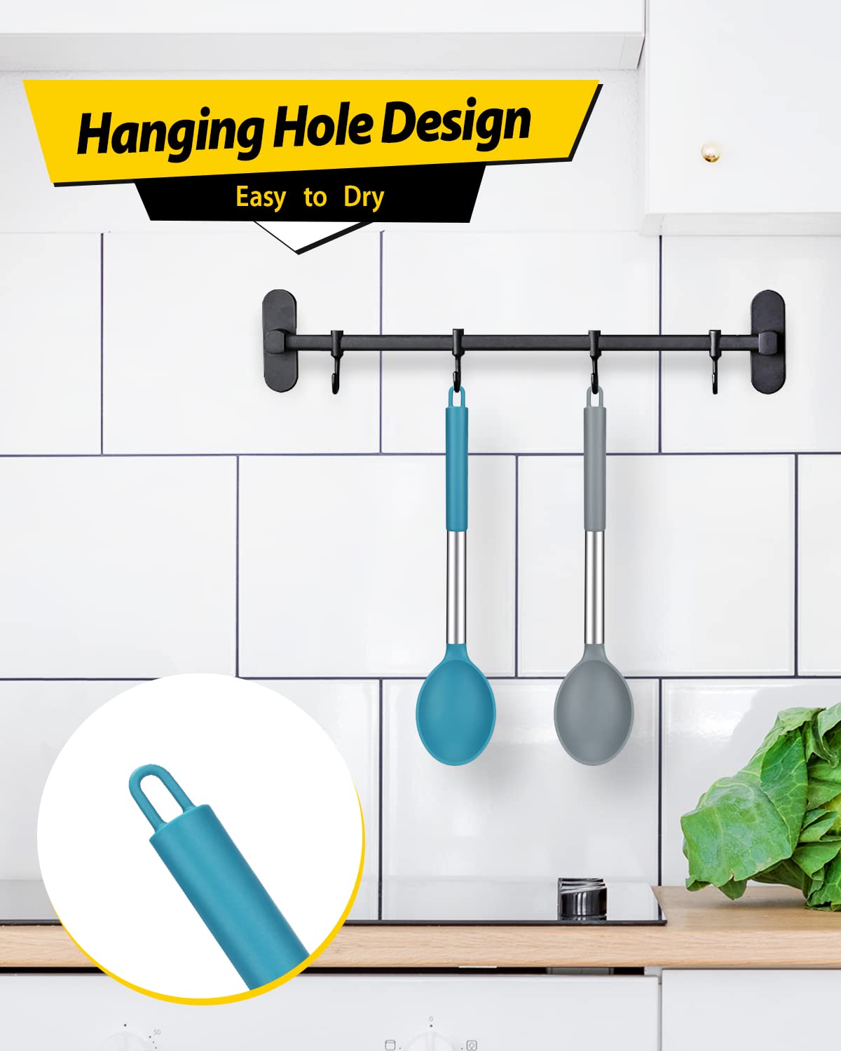 Pack of 2 Large Silicone Cooking Spoon, Non Stick Solid Basting Spoons,Heat-Resistant Kitchen Utensils for Mixing, Serving (Gray-Blue)