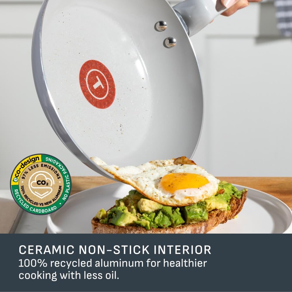 T-FAL Refresh Ceramic Cookware Set, 2-Piece Fry Pan Set, 8 Inch (20 cm) & 10 Inch (26 cm), Nonstick Ceramic Pans for Healthy Cooking, Durable Eco-Friendly Ceramic Refresh Cookware, Moon Grey.