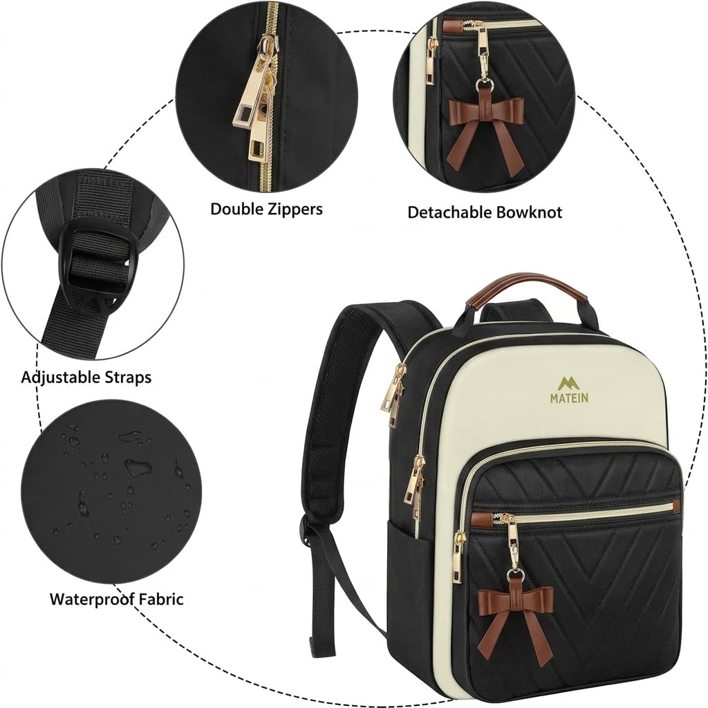 MATEIN Mini Backpack Purse for Women, Fashion Small Purse Backpack with USB Charging Port, Waterproof Casual Daily Cute Shoulder Bag Ladies Handbags for Travel Work College, 2pcs Sets, Black-Beige