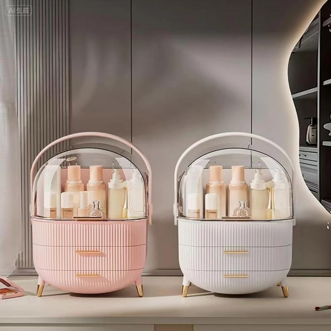 Makeup Skincare Organizer and Storage for Bathroom Vanity Countertop, Portable Travel Cosmetic Display Cases with Lid and Drawers, Gift for Women and Girls -Pink
