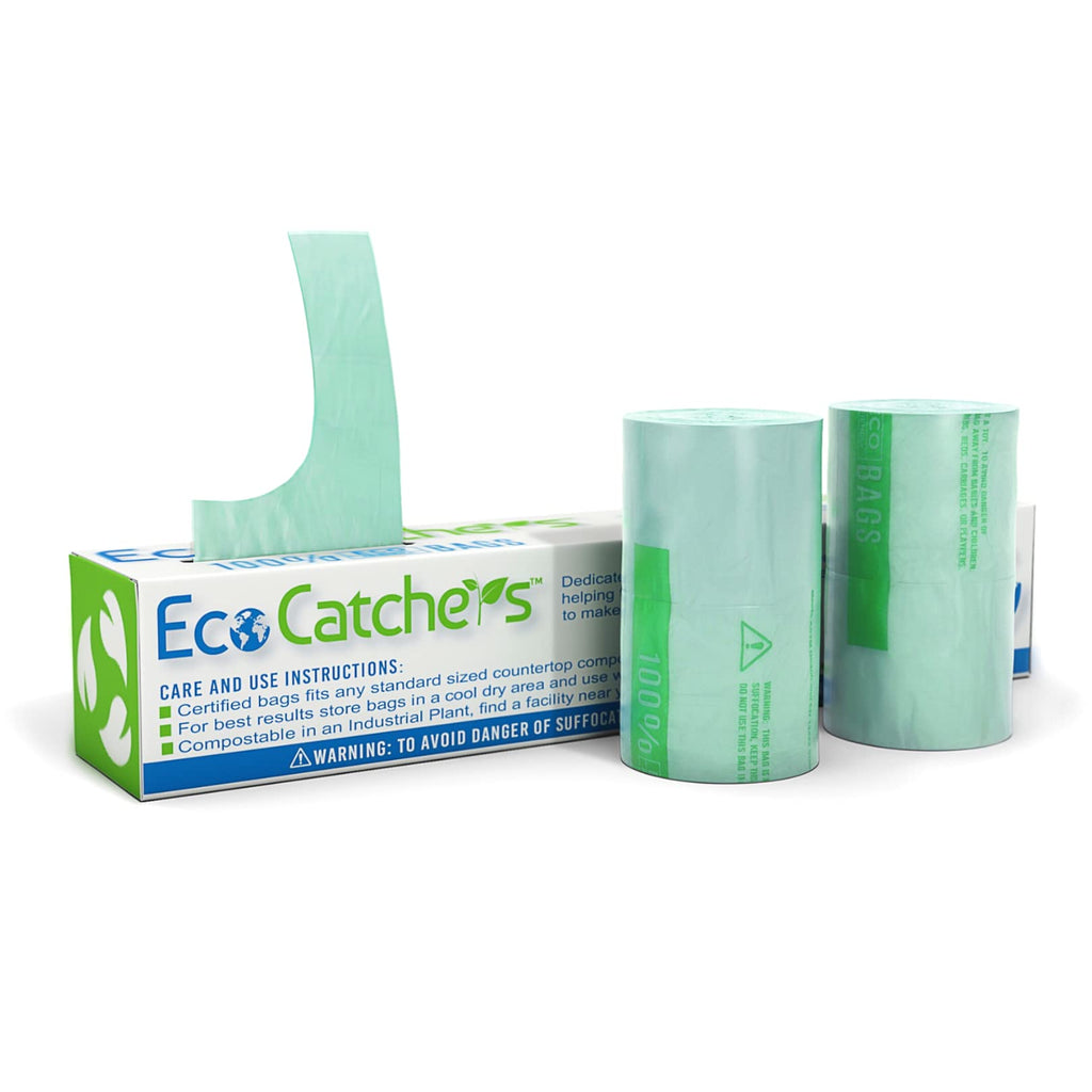 EcoCatchers Compost Bags 11 Litre – 100 [+5] Certified Compostable Bags with Handles for Kitchen, Bathroom, Diaper Pail, Green Bin, 3 Gallon Biodegradable Garbage, Litter, or Poop Bags