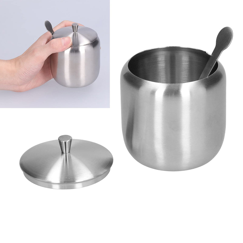 Sugar Bowl,304 Stainless Steel Polished Sugar Storage Jar Salt Pepper Spices Bowl with Spoon and Lid Seasoning Container Dispenser for Home Coffee Bar, 370ML