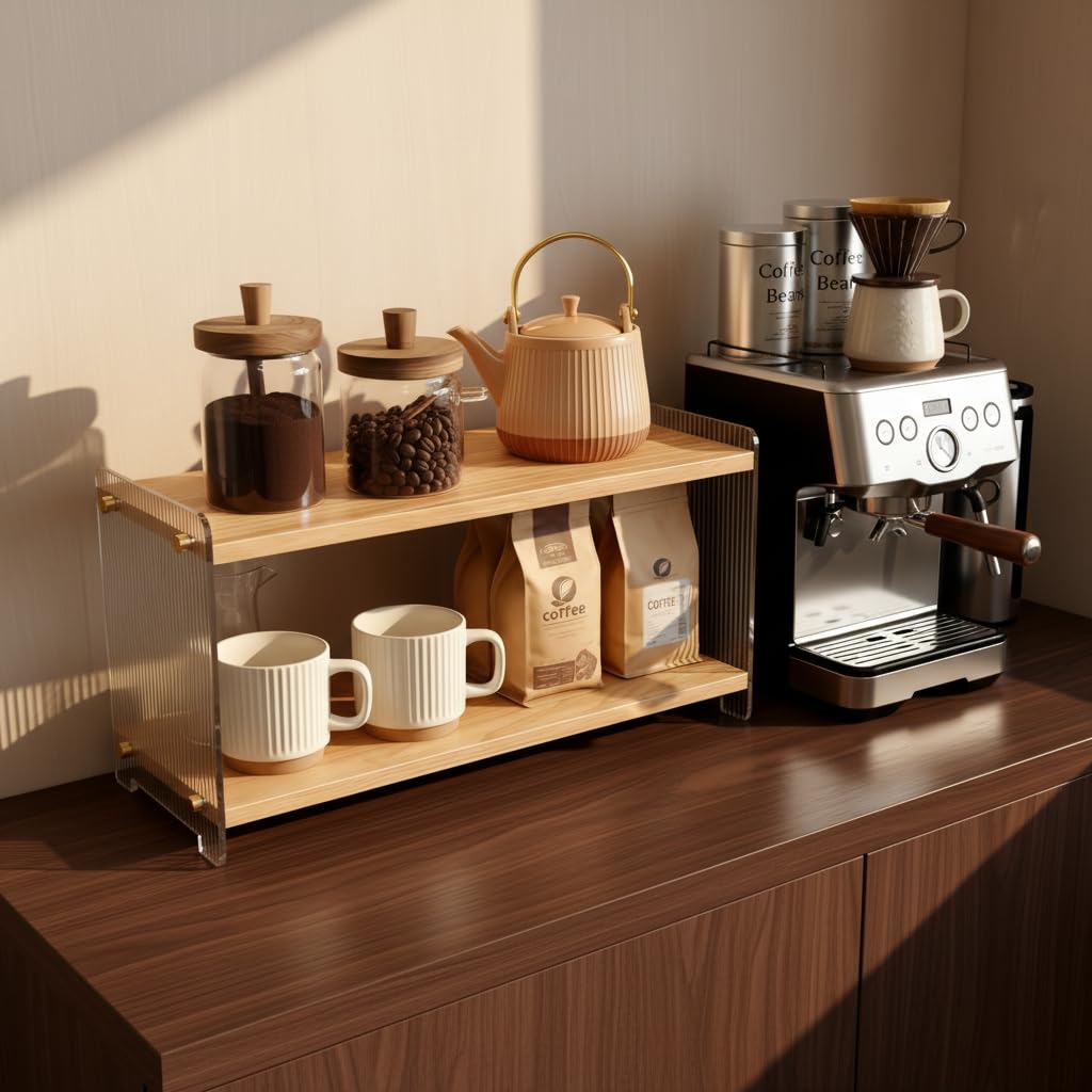 Coffee Station Organizer 2 Tier,Solid Wood Mug Shelf for Coffee Bar,Matcha Station,Tea Storage -2 Tier Countertop Coffee Bar Stand Holds Mugs,Beans,Syrup,Cups (Vertical Grain, 15.4"L x 5.7"W x 8.2H)