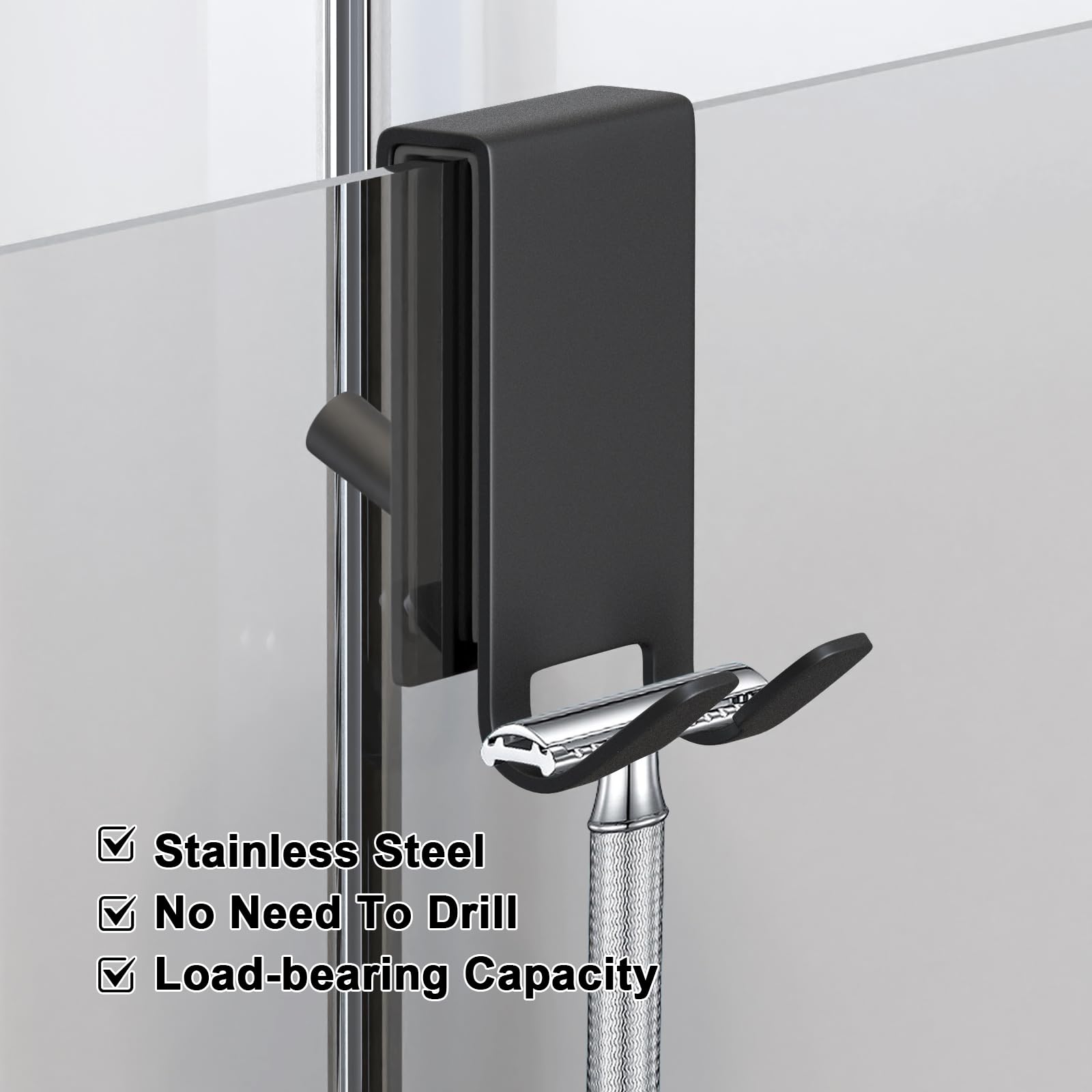 Shower Door Hook, Double-Sided Hook for Frameless Shower Doors (3.14 Inch), Heavy-Duty Stainless Steel Hook for Bathrobes and Towels, No Drilling or Adhesive Required, 2-Pack, Black