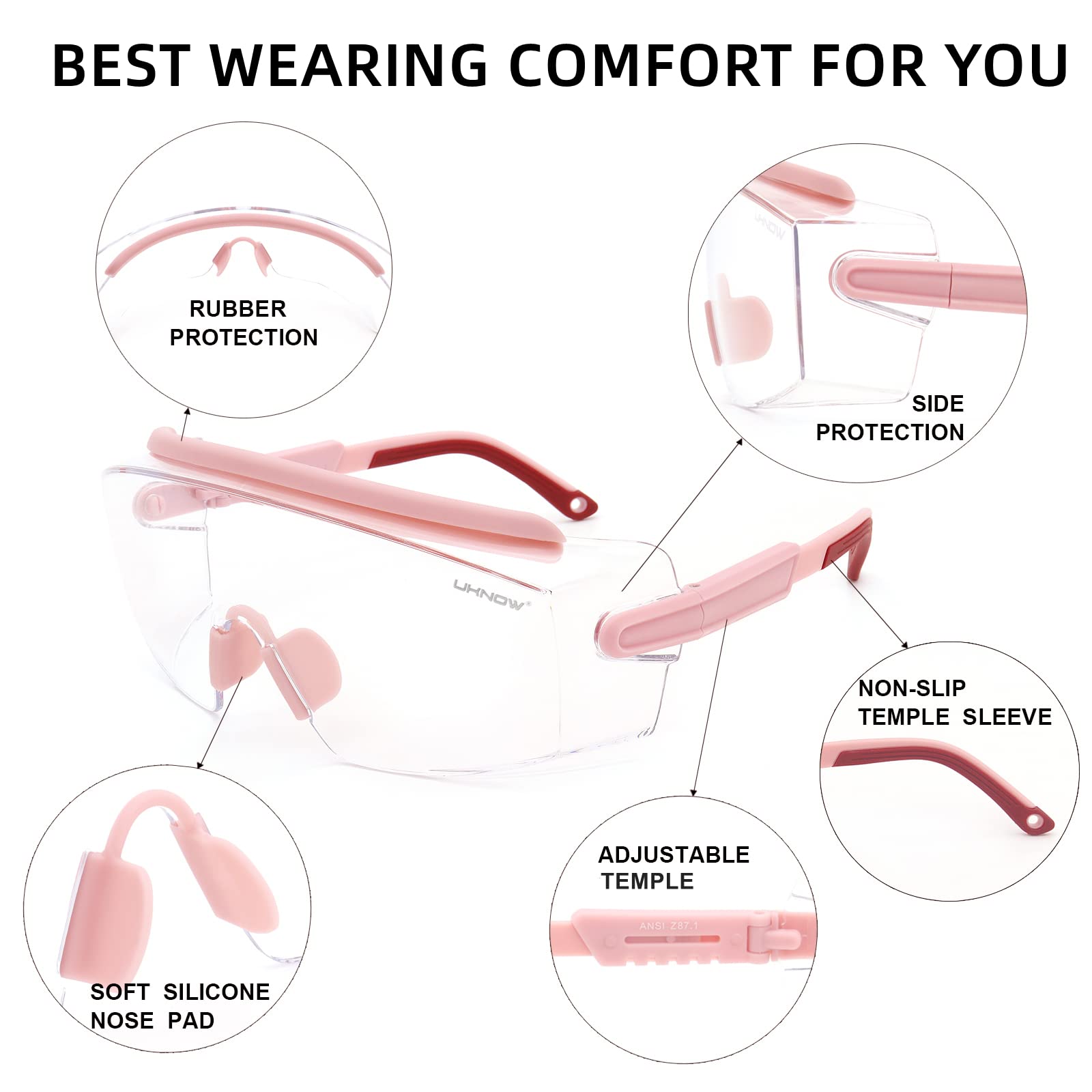 UKNOW Safety Goggles Over Glasses, Anti Fog Safety Glasse with Clear Wraparound Lens, ANSI Z87.1 Protective Eyewear