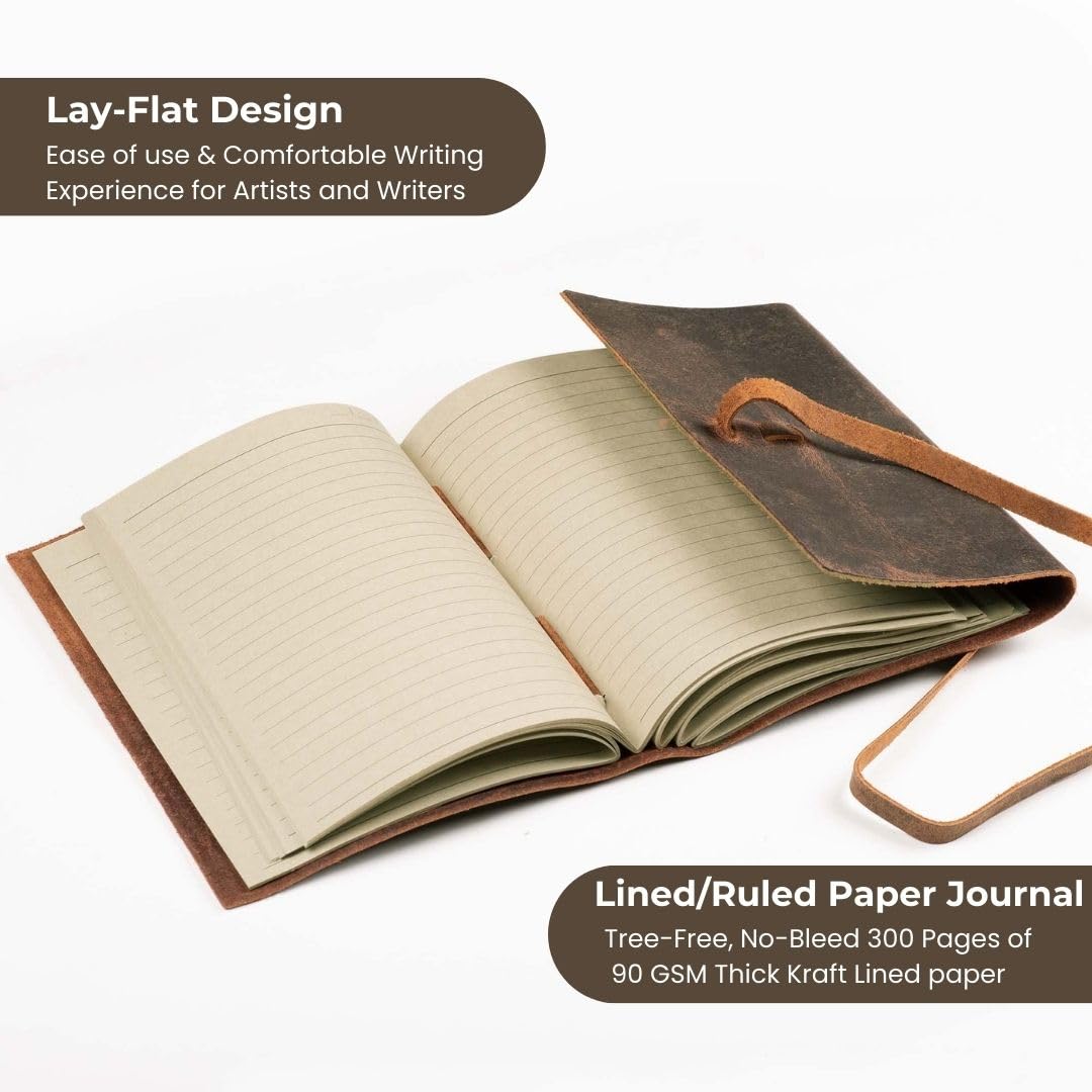 Leather Village Genuine Leather Bound Journal Writing Notebook for Men Women - Daily Writing Notepad Lined Paper 300 Kraft Pages, Handmade, Rustic Brown, 8 X 6 in (A5)