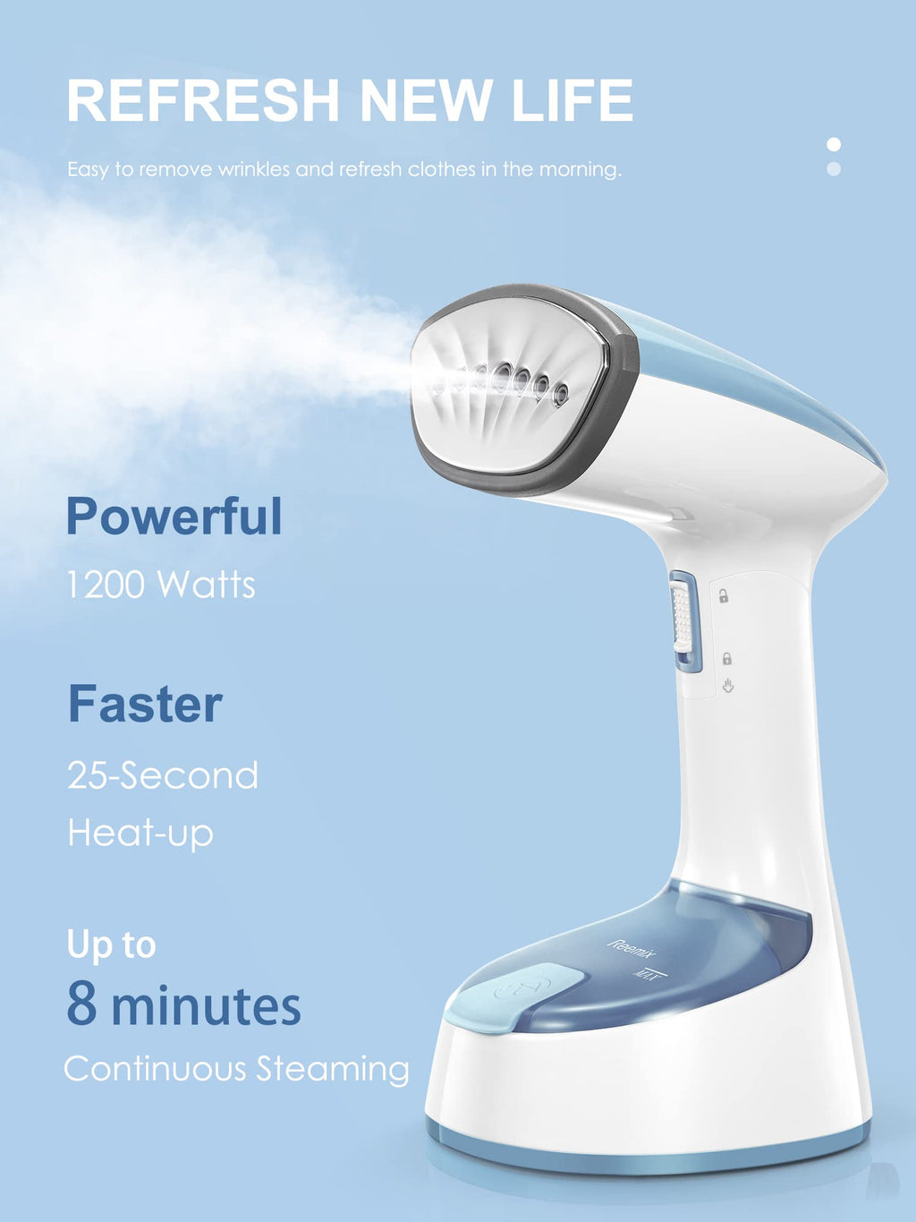 Reemix Steamer for Clothes, 1200W Foldable Clothes Steamer, Handheld Garment Steamer, Fast Heat-up, Auto-Off, Steam Iron for Fabric Wrinkle Remover with Brush (Blue Gray)