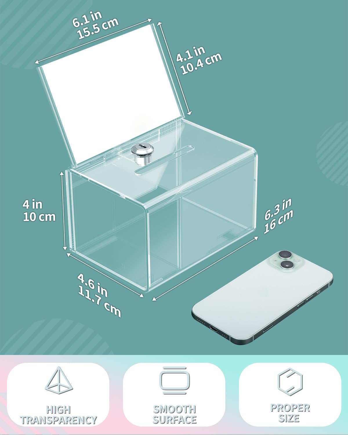 Uniclife Acrylic Donation Box for Fundraising, Clear Suggestion Box with Slot and Lock, Plastic Storage Container with Sign Holder, Ballot Boxs for Charity Tip Collection, 6.3" x 4.6" x 4"