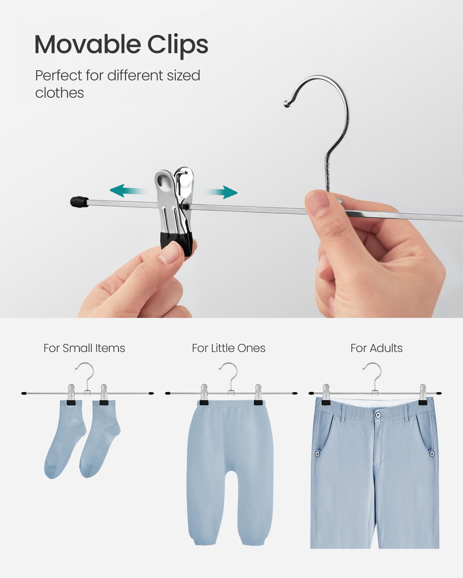 SONGMICS Metal Pants Hangers, Pack of 20, Non-Slip Skirt Hangers with Clips, 40 x 10.5 cm, Heavy-Duty, Chrome-Plated, Metallic Silver and Ink Black UCRI006-20