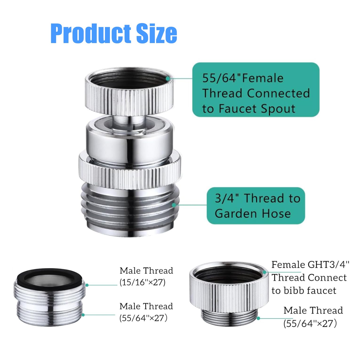 Faucet to Garden Hose Adapter with Aerator, Swivel Aerator Adapter to Connect Garden Hose, Faucet Adapter Kit for Bathroom/Kitchen, 3/4" GHT Thread Chrome