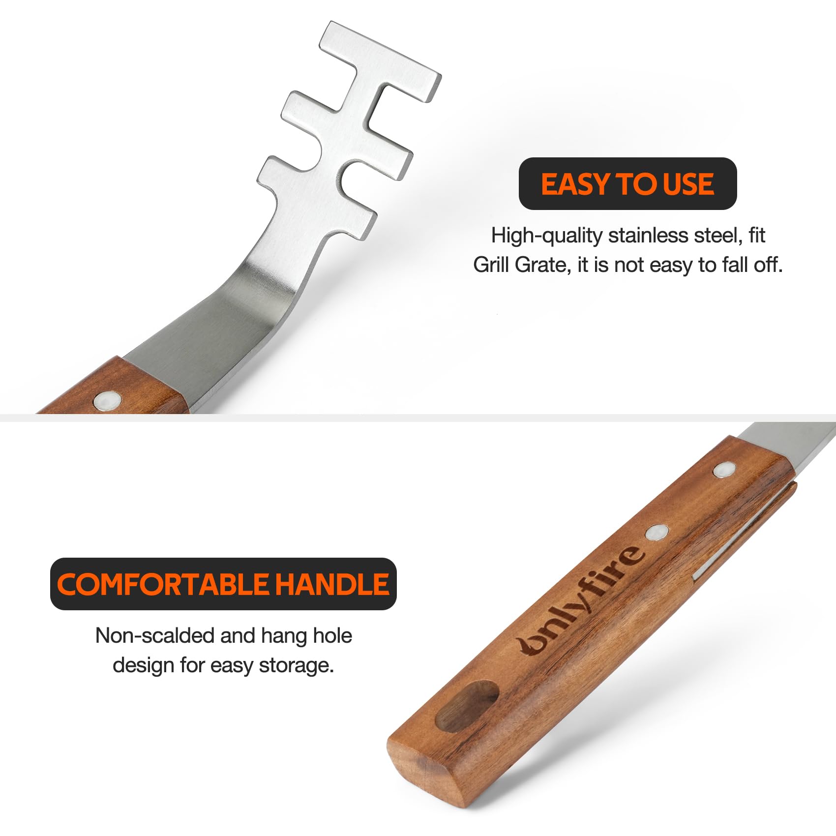 onlyfire 2PCS Stainless Steel Grill Grate Lifters with Acacia Wood Handle, BBQ Grate Lifter Tool for Safe Handling of Hot Grates, BBQ Accessories