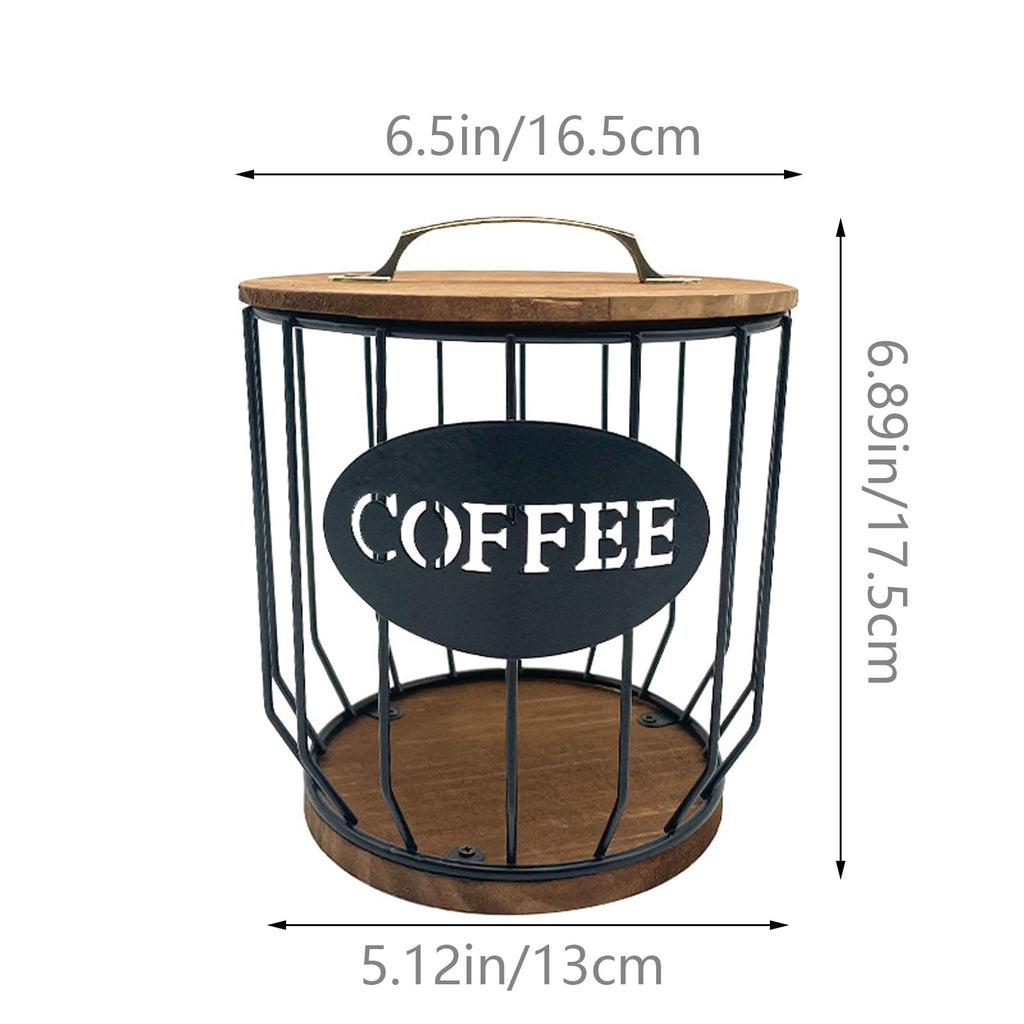 MYTOAU Coffee Pod Holder with Lid, Large Capacity K Cup Holder, Rustic Wooden Base, Black Wire Storage Basket for Kitchen Countertop, Coffee Bar Organizer
