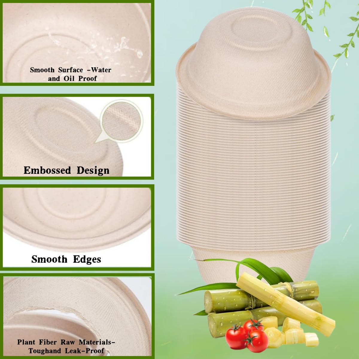 Salad Paper Bowl, Round Eco-Friendly Sugarcane Bowl, Compostable and Biodegradable Soup Bowl, Suitable for Salad, Dessert, Milk, Grains 12 Ounces, 150PCS