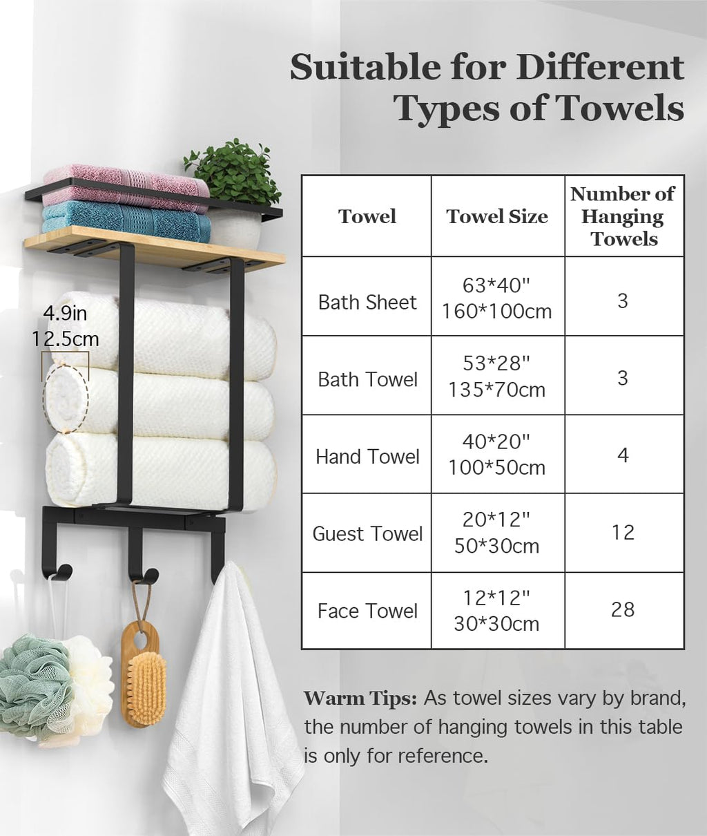 Luxspire Towel Racks for Bathroom Wall Mounted, Towel Holder Wall Mounted with Wooden Floating Shelf & 3 Metal Hooks, Rolled Towel and Hand Towel Rack for Bathroom, Black + Wood
