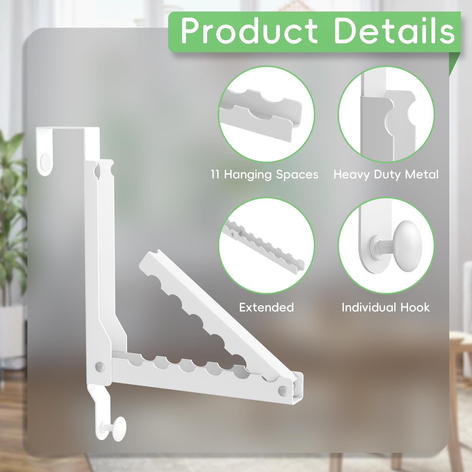 Over The Door Hooks, Extended Over The Door Clothes Hanger with 10 Ridges,Space-Saving Over The Door Rack,Door Hooks for Hanging Clothes,Larger Capacity Over The Door Hanger (1, White-up)