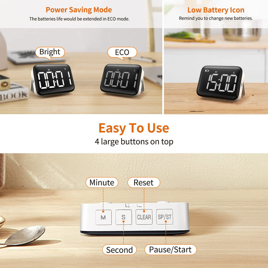 VOCOO Magnetic Kitchen Timer for Cooking with Count Up Countdown, Digital Timer Battery Powered with Large Display, 2 Brightness and Volume Levels for Classroom, Teacher, Kids (White)
