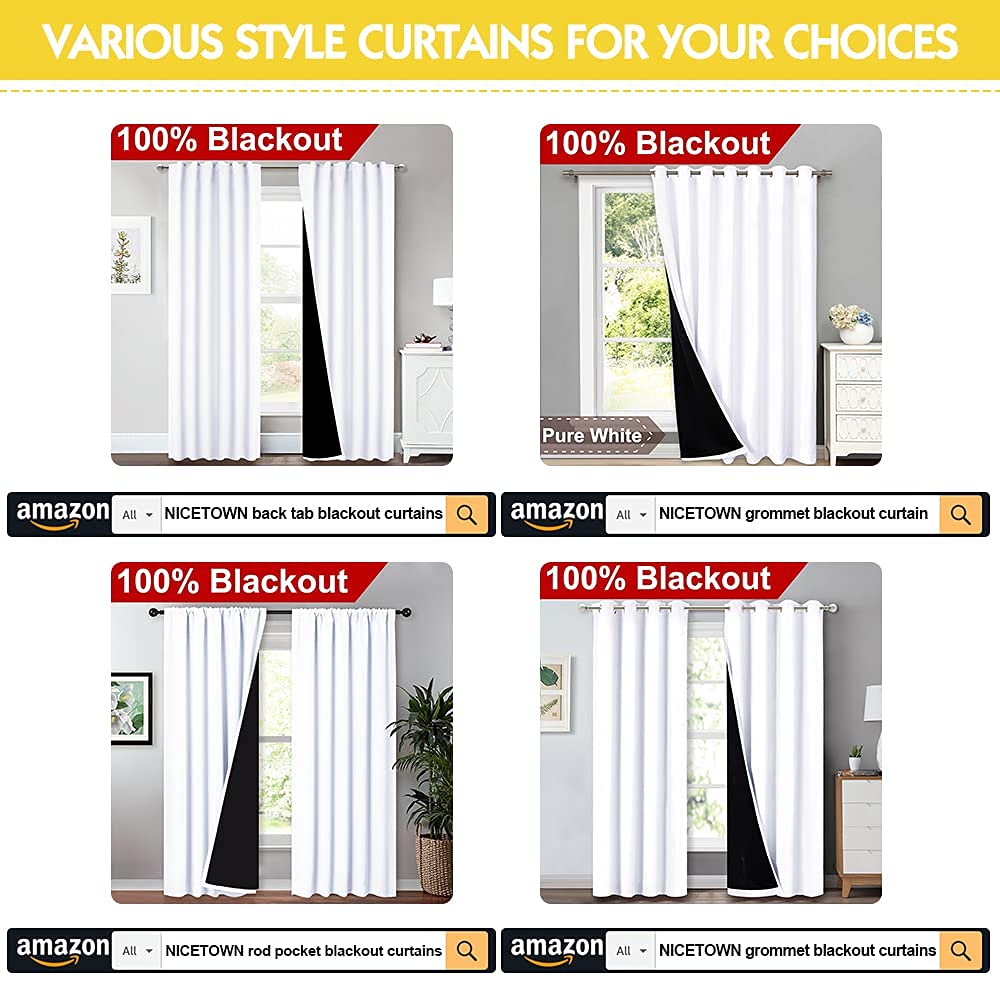 NICETOWN White 100% Blackout Lined Curtains, 2 Thick Layers Completely Blackout Window Treatment Thermal Insulated Drapes for Kitchen/Bedroom (1 Pair, 52 inches Width x 63 inches Length Each Panel)