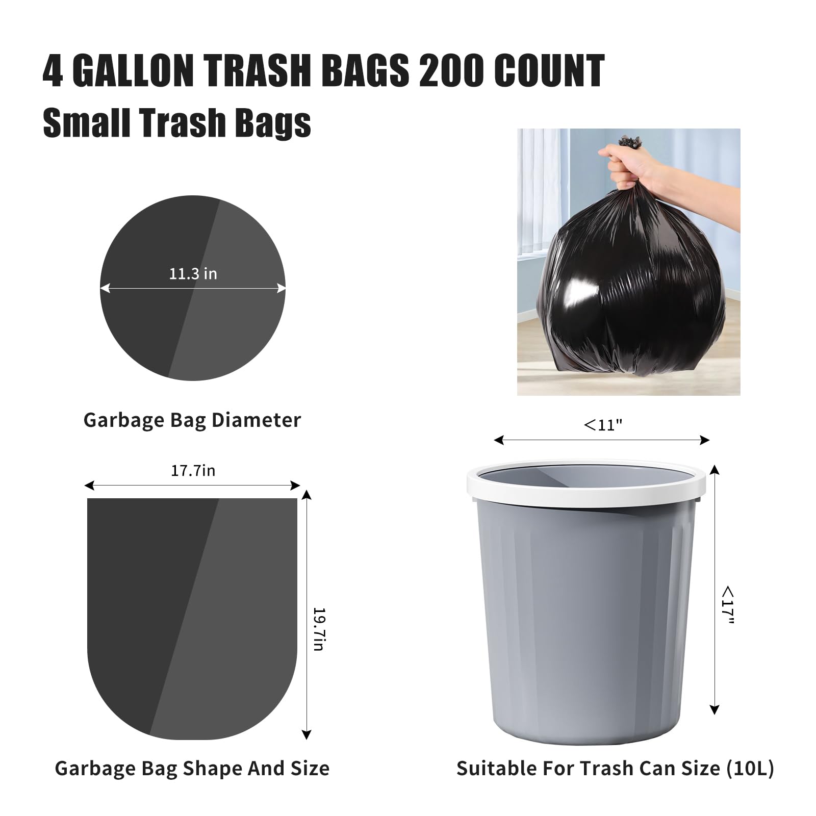 Veefos Heavy Duty 4 Gallon/15L Small Trash Bags - 200 Count, Thick Bathroom Small Garbage Bags, Unscented and Leak-Proof Black Garbage Can Liners for Kitchen, Office and Bedroom