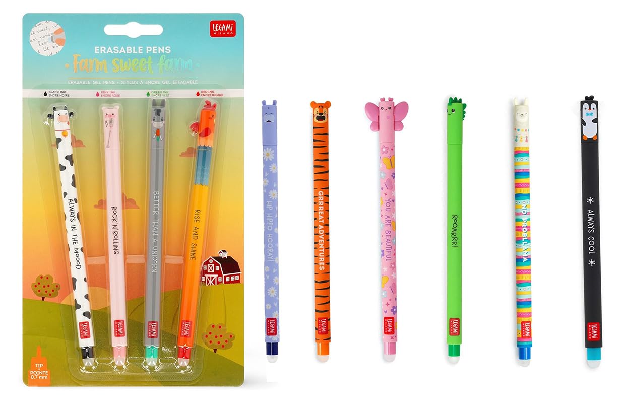 Legami Erasable Gel Pens Set of 10 Farm Animals Hippo Tiger Butterfly Dinosaur Llama Penguin Various Writing Colours