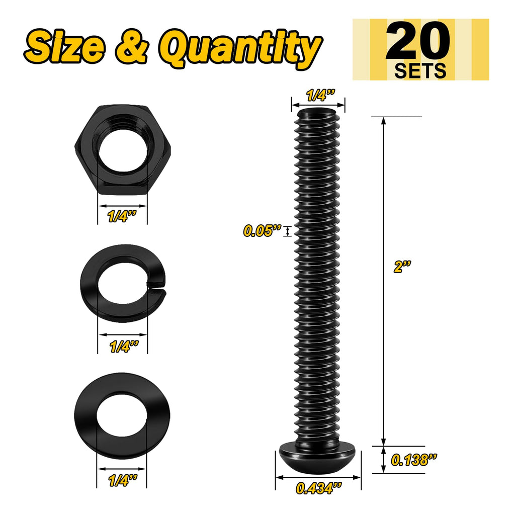 (20Sets) 1/4-20 Bolt x 2" Button Head Socket Cap Bolts Screws, Black Oxide 304 Stainless Steel Nuts and Bolts, 18-8 Allen Screws, Nuts and Bolts Assortment Kit, Fully Threaded Hex Spanner by Mywish