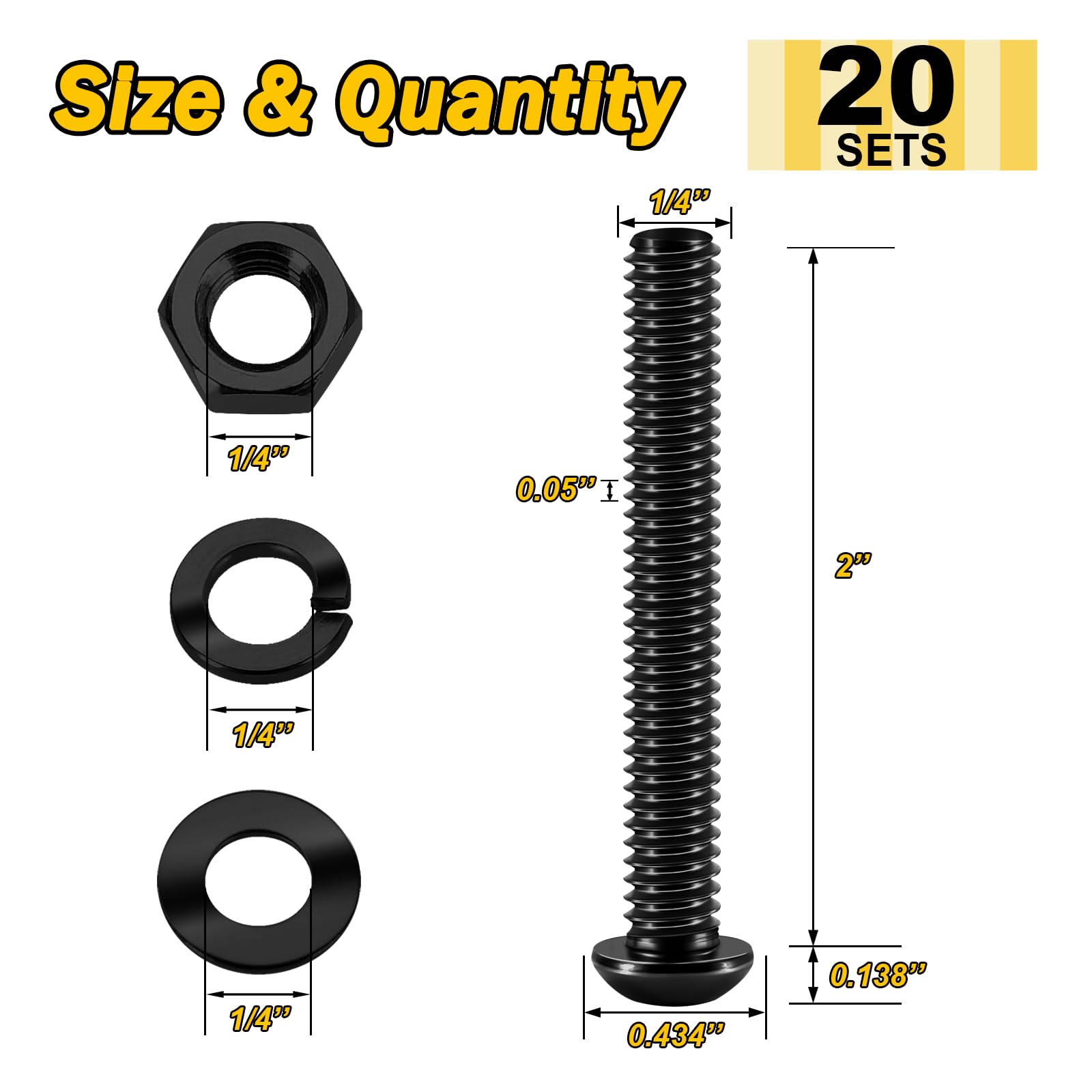 (20Sets) 1/4-20 Bolt x 2" Button Head Socket Cap Bolts Screws, Black Oxide 304 Stainless Steel Nuts and Bolts, 18-8 Allen Screws, Nuts and Bolts Assortment Kit, Fully Threaded Hex Spanner by Mywish