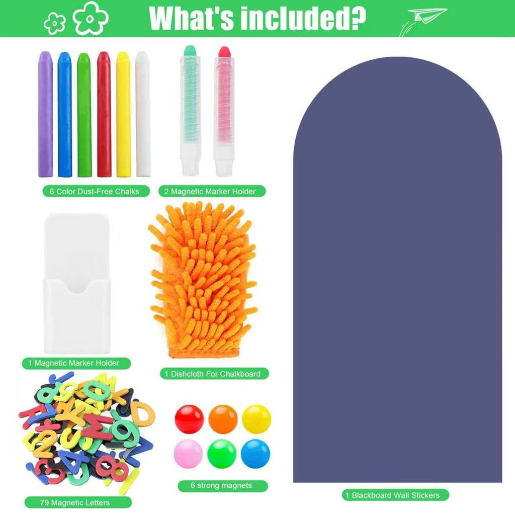 Magnetic Chalkboard for Wall Large Arch Magnetic Wall Decal Peel and Stick Self Adhesive Blackboard with 79 Magnetic Letters Dust-Free Chalk Marker Holder for Playroom Home School Classroom