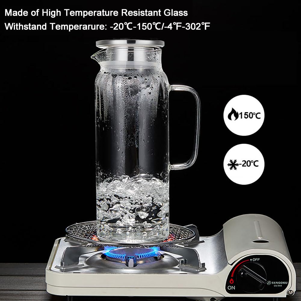 Sharemee - Glass Water Pitcher with Stainless Steel Lid, Wide Mouth with Handle, Easy Pour Spout Water Bottle Carafe Flask Glass Container, Good Heat Resistance Juice Jar Tea Infuser, 1200ml/42oz