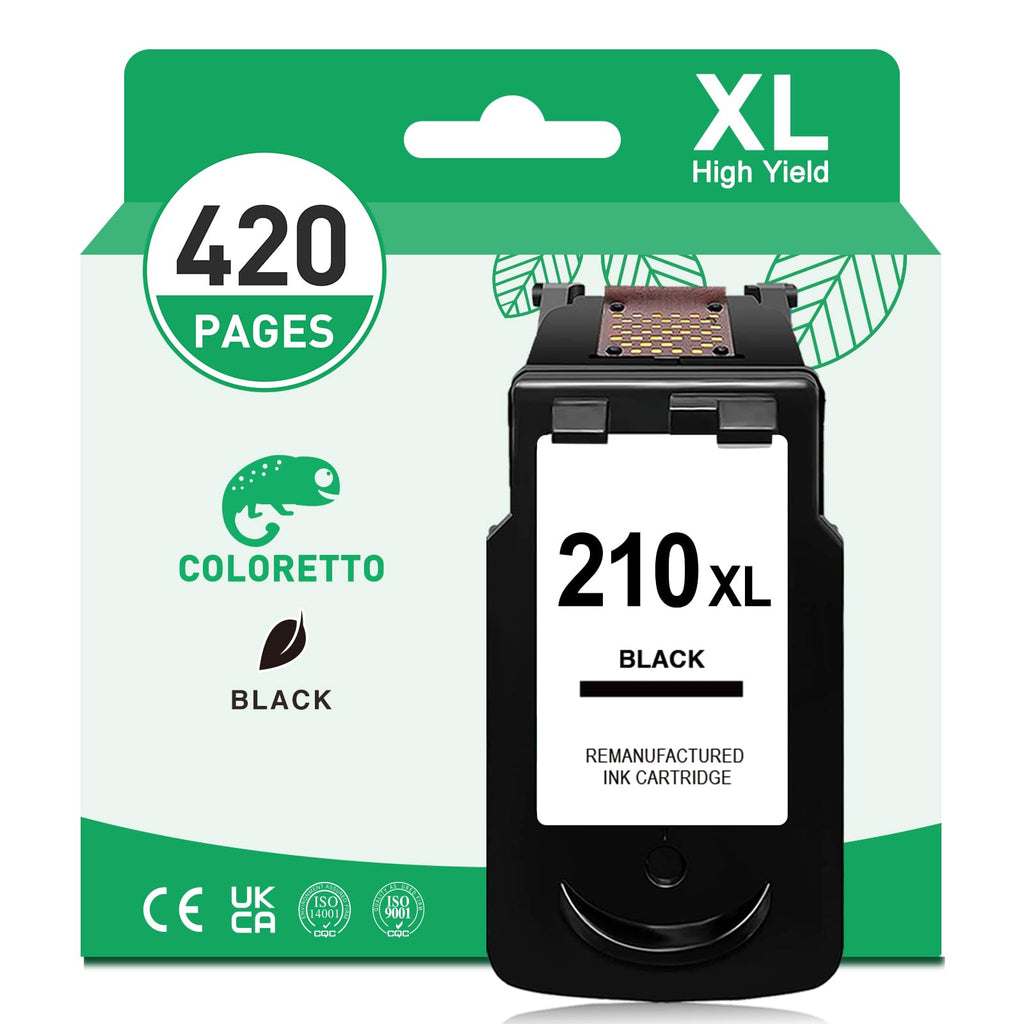COLORETTO Ink Cartridge 210XL Black for Canon Pixma MP230 MP240 MP250 MP260 MP270 MP280 MP490 MP495 MP499 MX320 MX340 MX350 MX360 MX410 MX420 IP2700 IP2702 Printer Remanufactured PG-210XL Noir 1-Pack