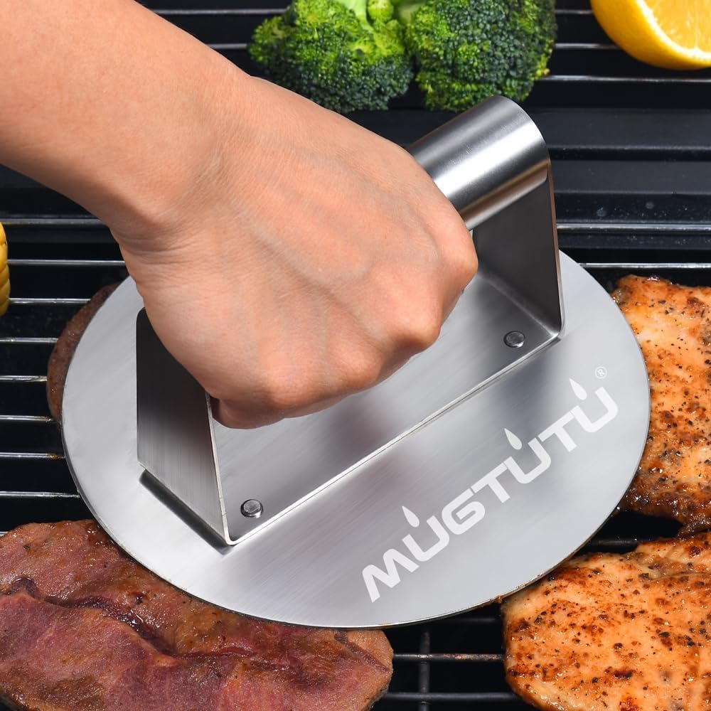 Burger Press, 6.3 Inch Stainless Steel Smash Non-Stick Smooth Hamburger Bacon Grill Press Perfect for Flat Top Griddle Cooking