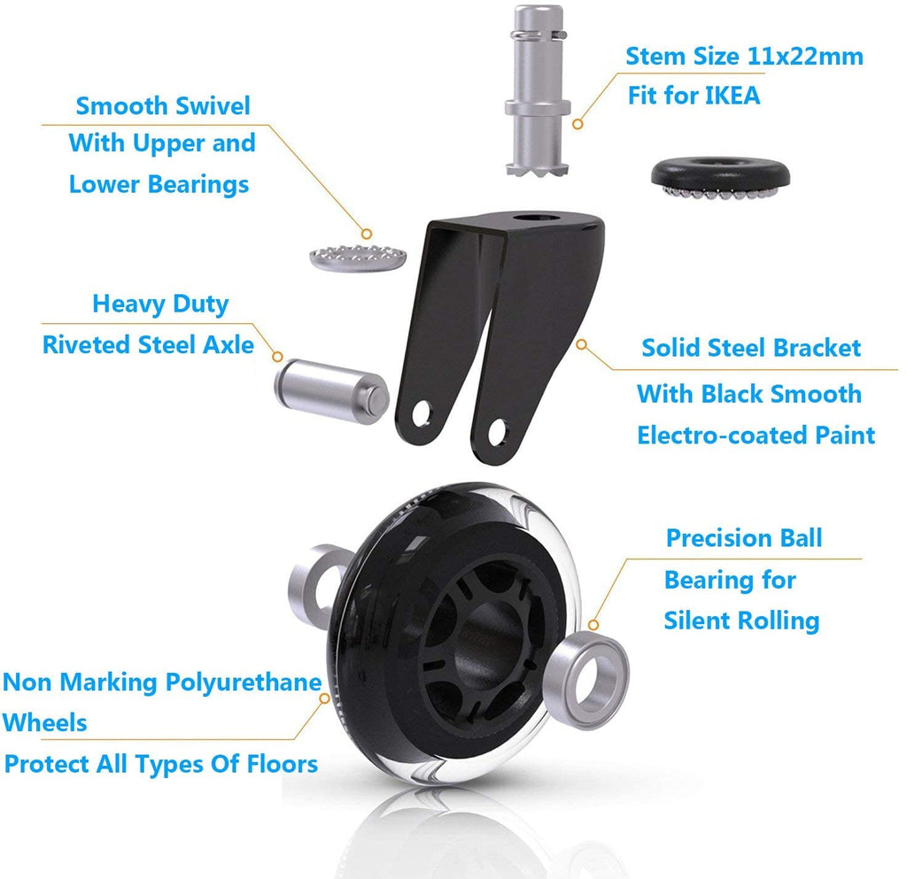 Rollerblade Caster Office Chair Wheels Replacement for Hardwood Floors, Heavy Duty Desk Chair Casters Gaming Chair Wheels,10mm Only for IKEA Chair Rollerblade Casters 2.5 inch Set of 5