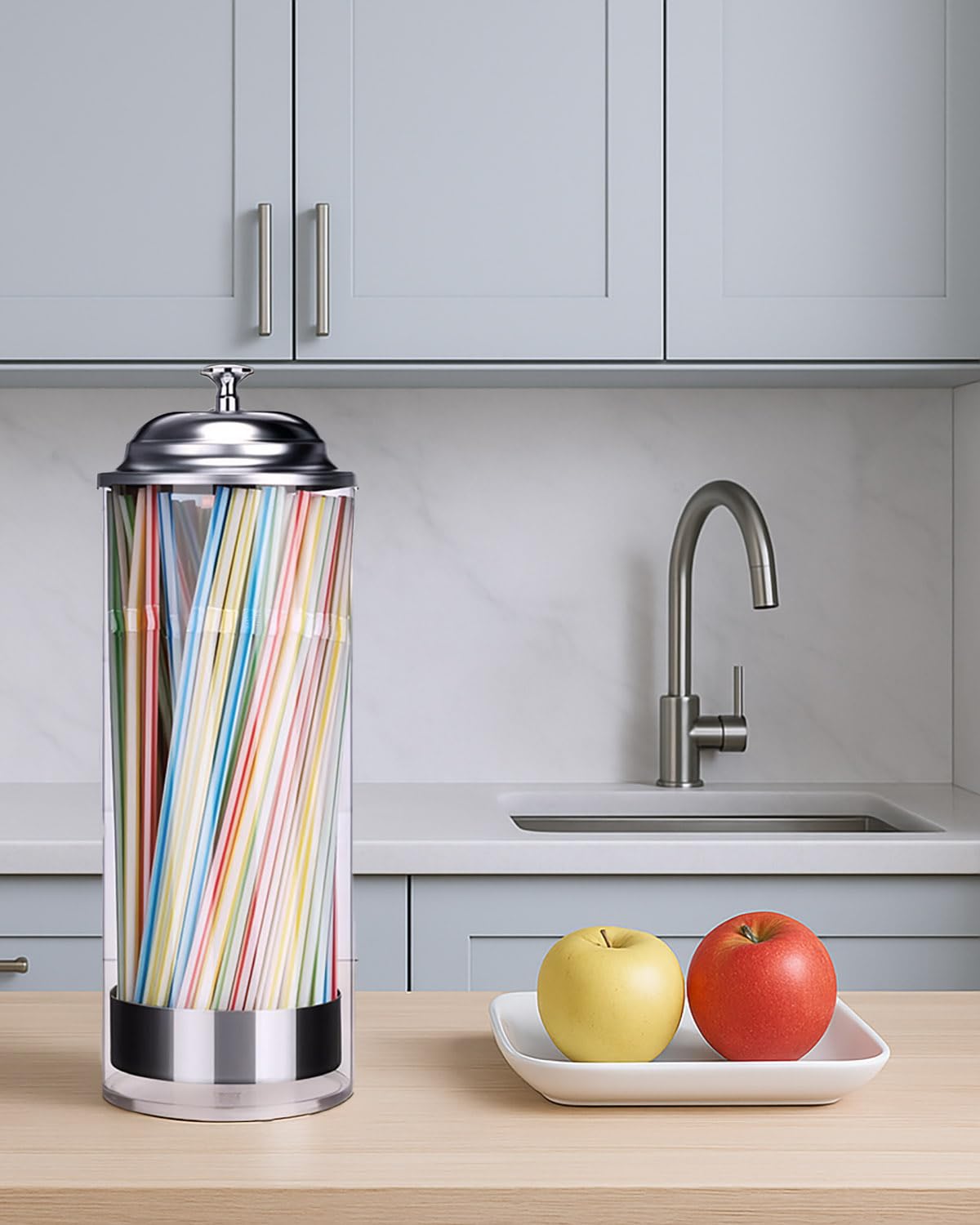 Straw Holder for Counter with Bring 100 Straws, Straw Dispenser for Counter with Stainless Steel Lid, Easy-Load Glass Straw Holder Home, Office, Restaurant Use