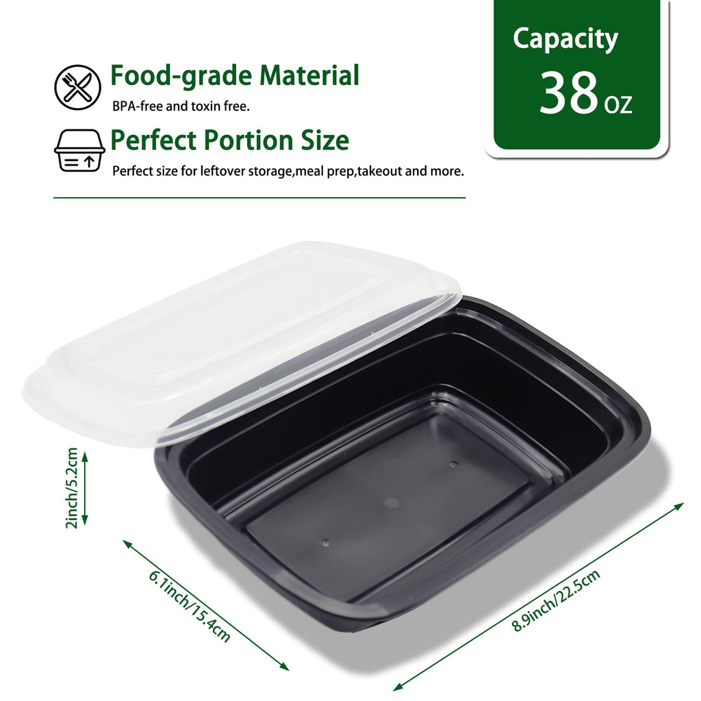 Meallax 50 Pack Black Food Containers with Lids, 38 oz Large Plastic Take Out Containers, Reusable Meal Prep Containers for Food Storage,Disposable Containers for Lunch and Restaurant