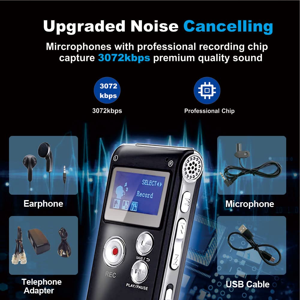 16GB Digital Voice Recorder Voice Activated Recorder with Playback Upgraded Portable Tape Recorder for Lectures, Meetings, Interviews, Portable Audio Recorder Dictaphone USB Charge, MP3, Password