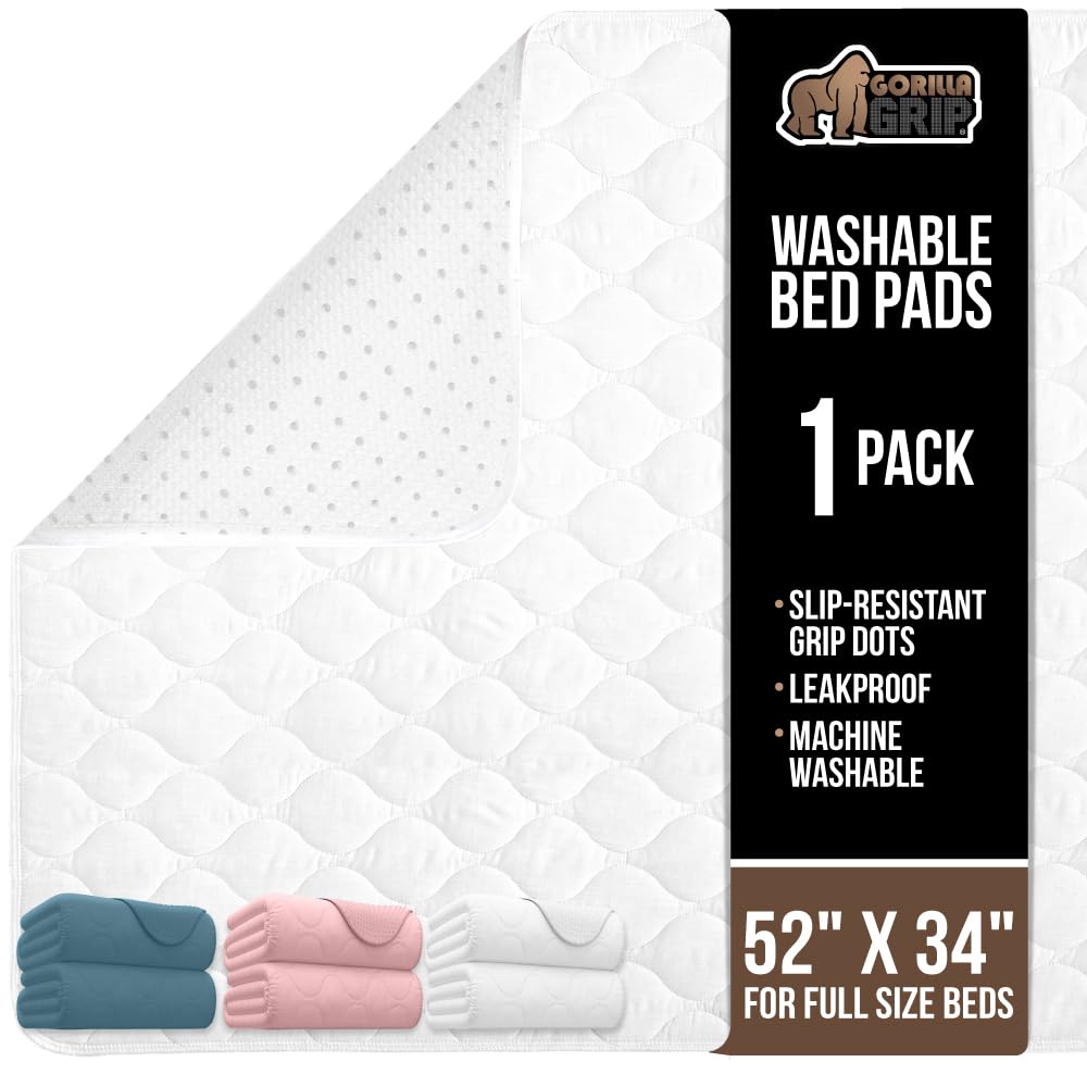 GORILLA GRIP Washable Bed Pads for Incontinence, Leak Proof Slip Resistant Pee Pad Protector, 52x34, Absorbs 8 Cups, Soft Mattress Protection Chux for Enuresis Bedwetting, Adults, Elderly, Kids, White