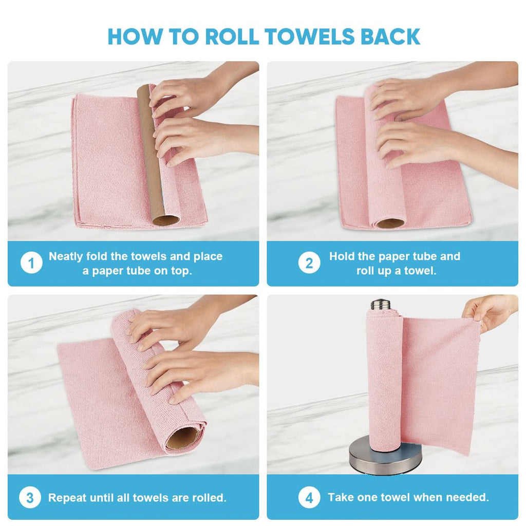 AIDEA Microfiber Cleaning Cloth Roll, 75PK, Tear Away Reusable Paper Towels, Pink Towels Lint Free Rags for House, Kitchen, Car Cleaning Supplies, 11.5"×11.5"