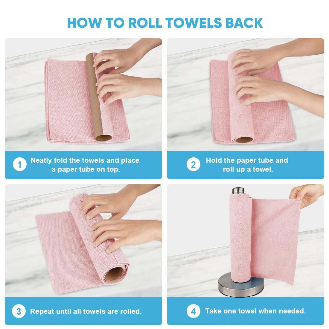 AIDEA Microfiber Cleaning Cloth Roll, 75PK, Tear Away Reusable Paper Towels, Pink Towels Lint Free Rags for House, Kitchen, Car Cleaning Supplies, 11.5"×11.5"