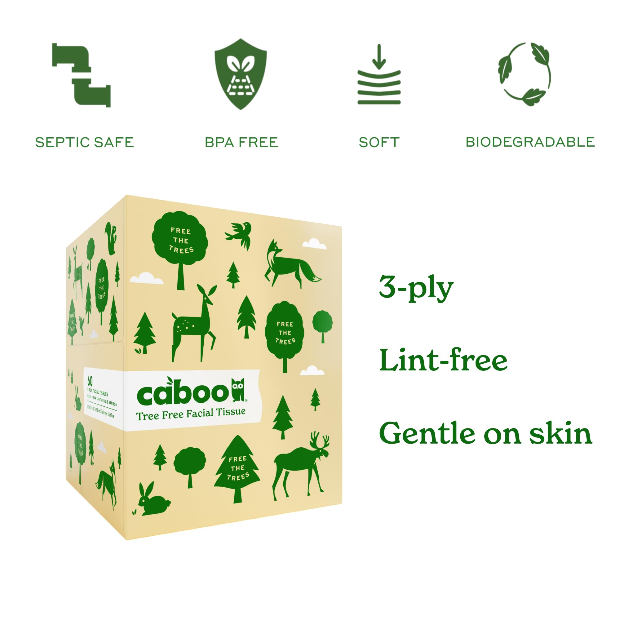 Caboo Tree Free Facial Tissues, 3 Ply Natural Tissue Paper, Pack of 4, Hypoallergenic Tissue Boxes, 60 Tissues Per Box, 240 Total Tissues