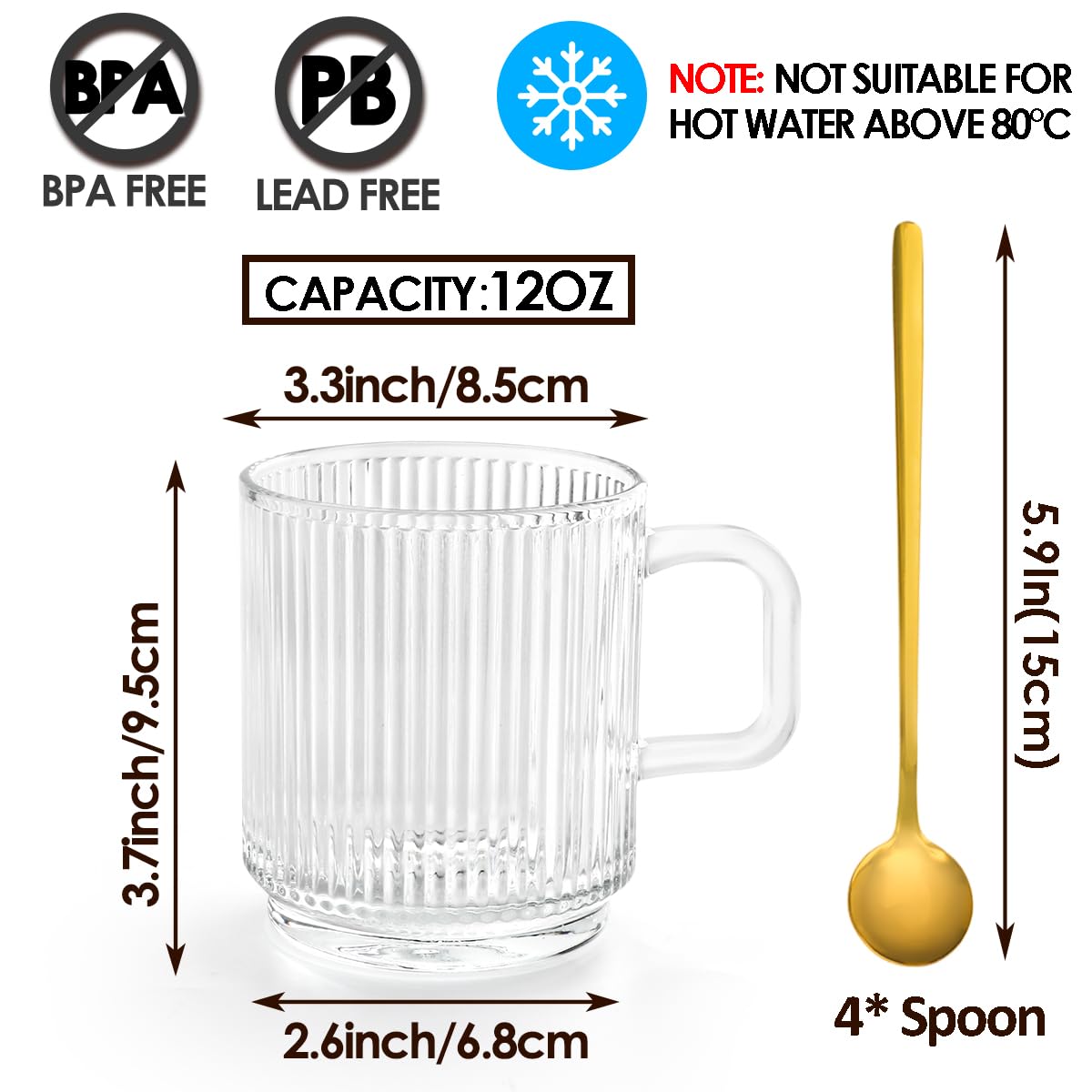 Ymyaye Clear Glass Coffee Mug Set of 4, 12 Ounces Ribbed Glassware with Spoon, Classic Vertical Stripes Tea Mugs for Soda, Latte, Espresso, Cappuccino, Gift for Birthday Holidays Wedding Anniversary
