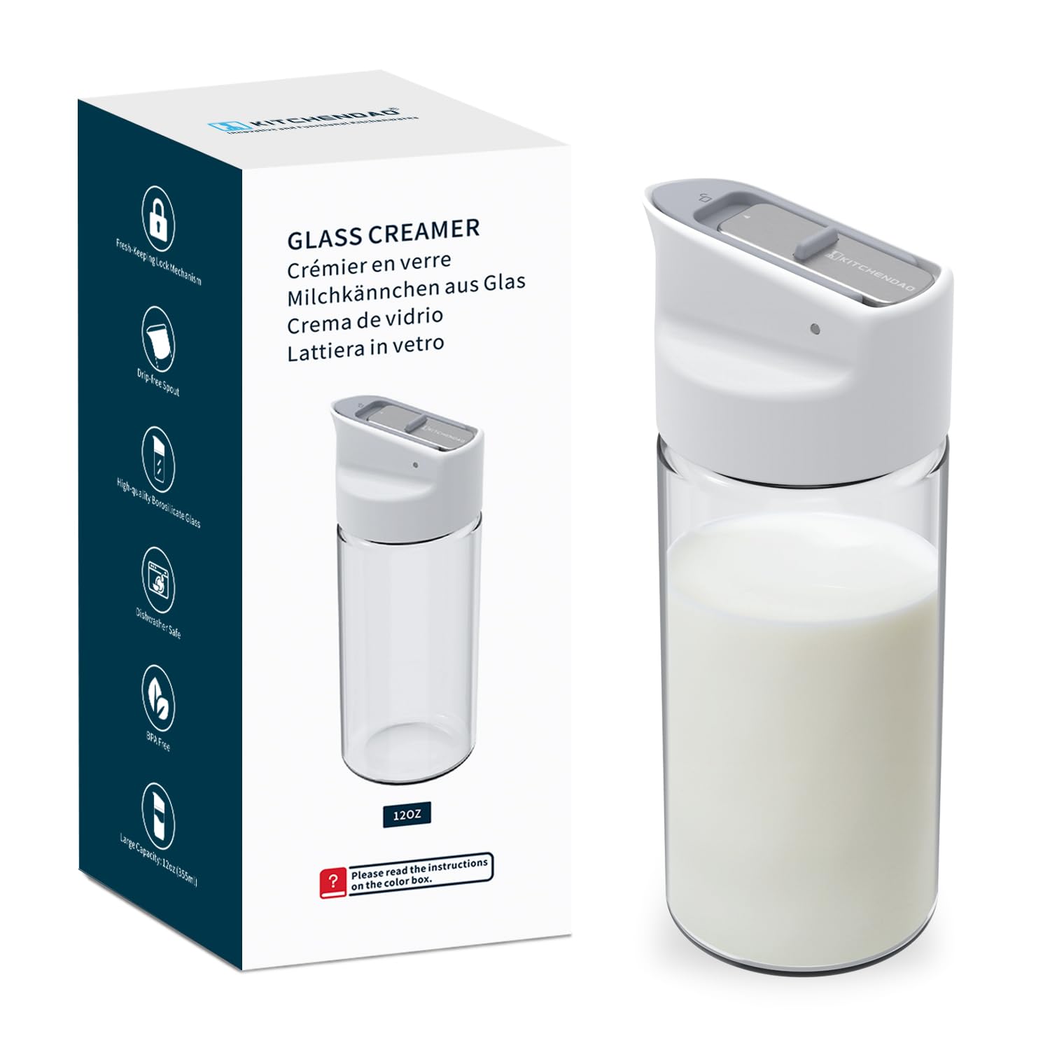 Glass Creamer with Fresh-Keeping Lock Mechanism, Drip-Free Spout, 12 oz Milk Pitcher with Lid, Borosilicate Glass Creamer Container, Dishwasher Safe