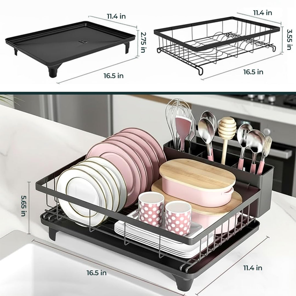Space-Saving 2-Tier Dish Drying Rack with drip Tray, Swivel spout, Utensil Holder and More, Perfect for Small Kitchen counters and Keeping Things Neat