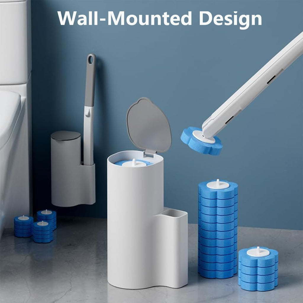 Disposable Toilet Brush with 54 Refill Heads, 2 Handles & Holders Included – No-Touch Toilet Bowl Cleaning System with Ocean Fresh Scent, Wall-Mounted or Freestanding Bathroom Cleaner
