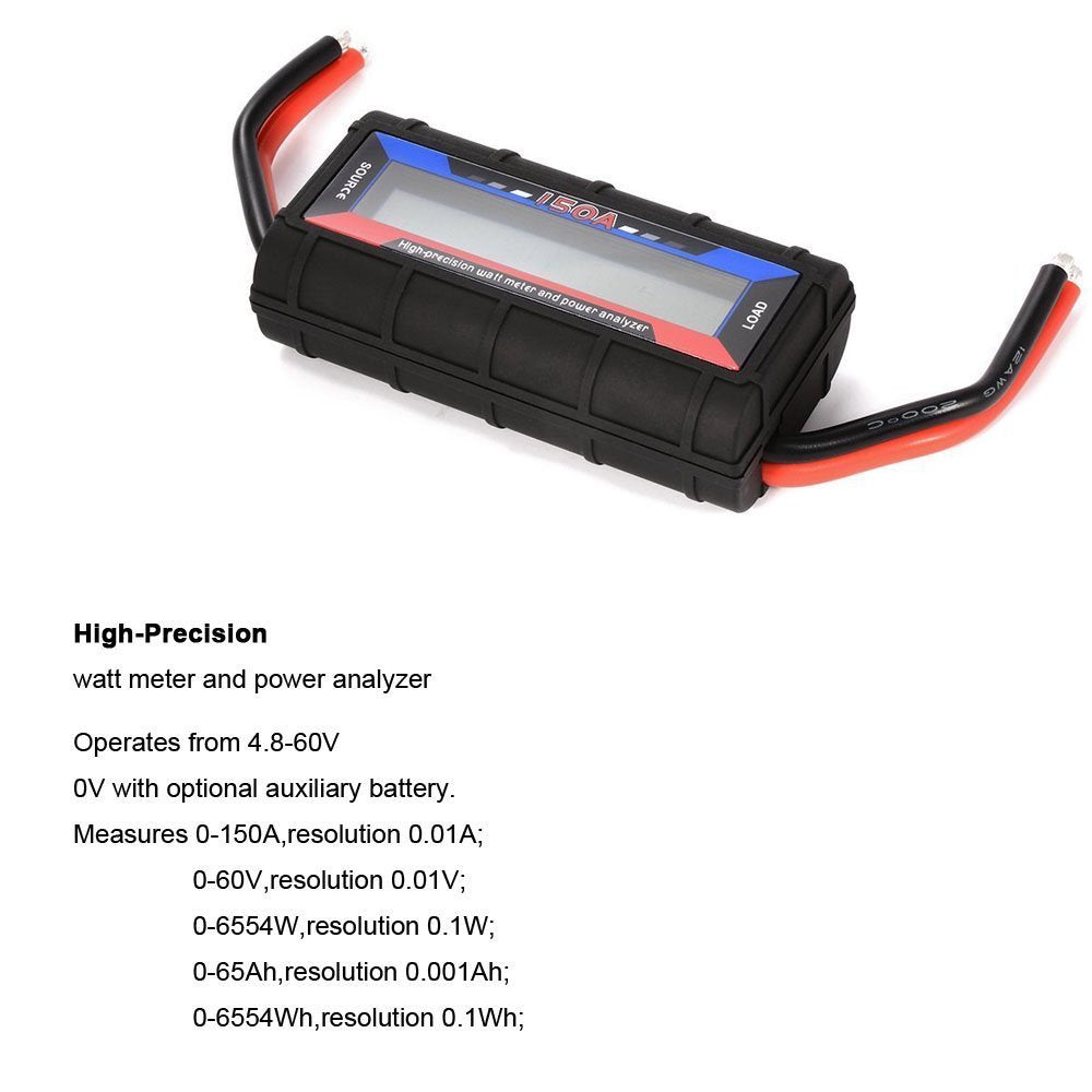 RGBZONE 150Amp LCD Solar Wind Power Analyzer, RC Watt Meter, DC Volt Meter, DC Electricity Usage Monitor for RC, Battery, Solar, Wind Power, 2 Year Warranty