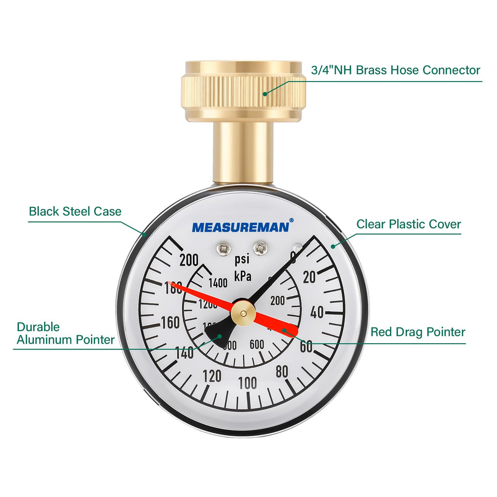 MEASUREMAN 2-1/2" Dial Water Pressure Test Gauge,0-200psi/kpa, 3/4" Female Garden Hose Thread, with Memory Red Pointer, for Measuring Water Pressure