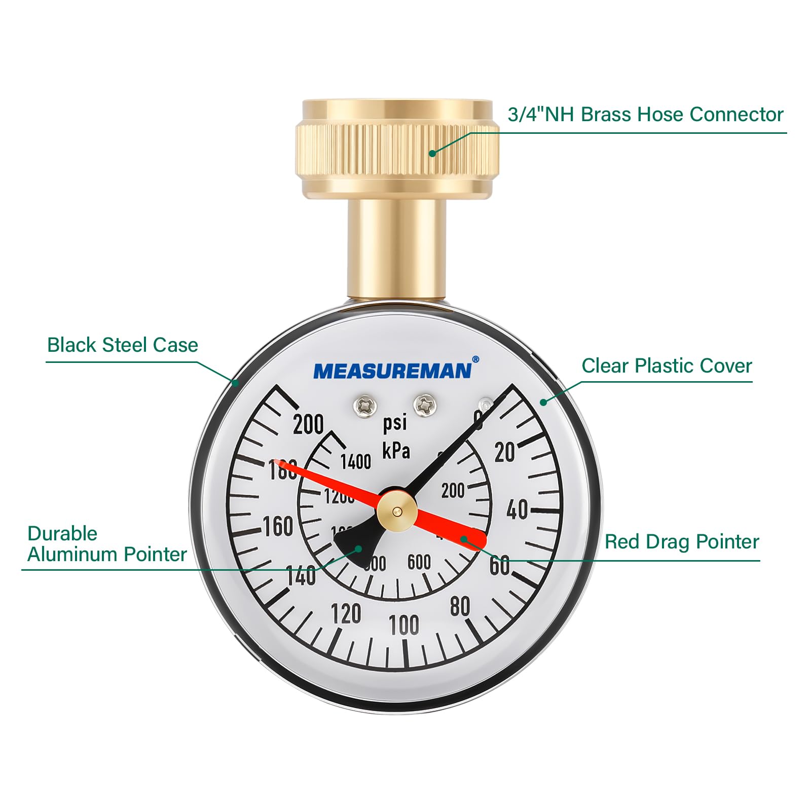 MEASUREMAN 2-1/2" Dial Water Pressure Test Gauge,0-200psi/kpa, 3/4" Female Garden Hose Thread, with Memory Red Pointer, for Measuring Water Pressure