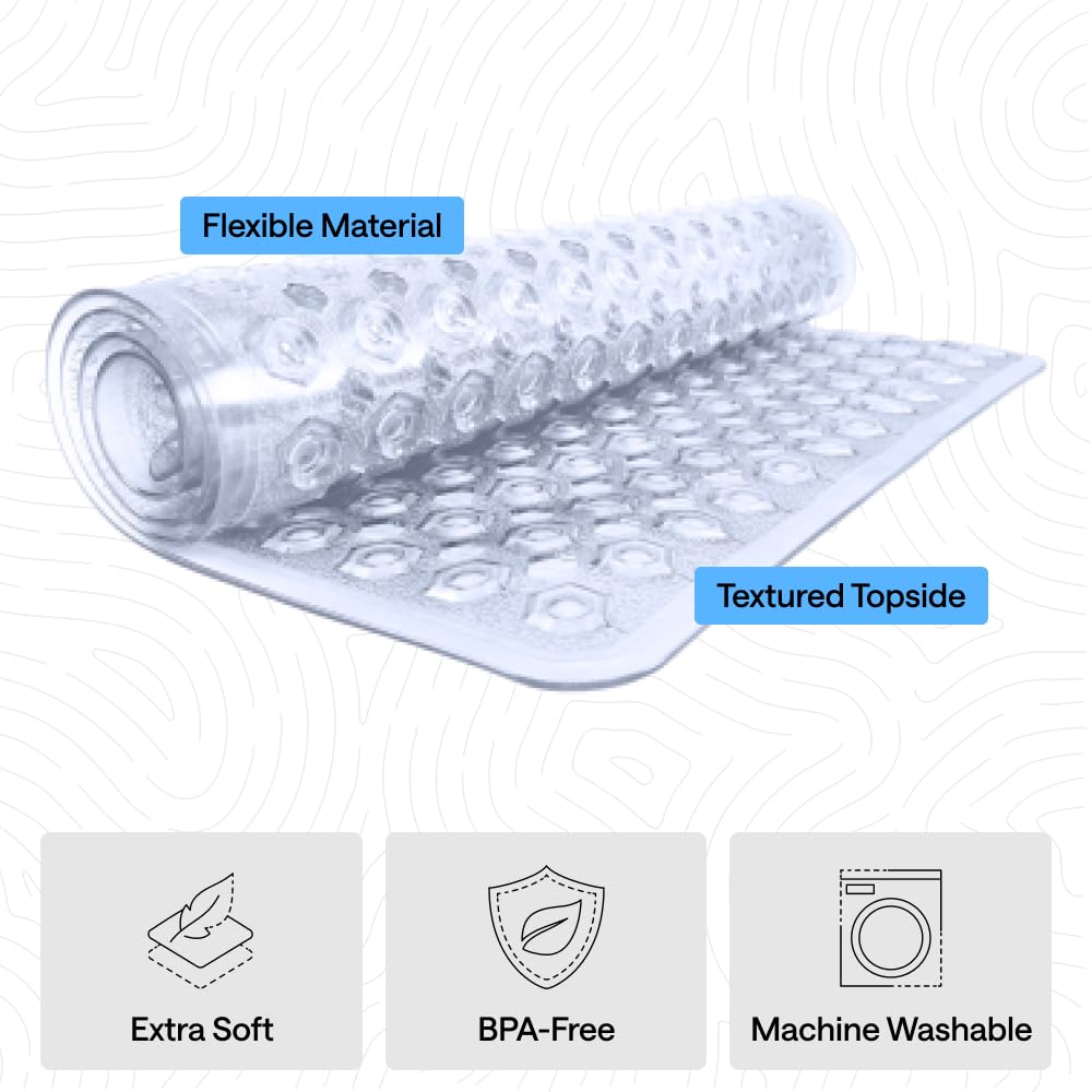 GORILLA GRIP Patented Bath Tub Shower Mat, Machine Washable Bathtub Floor Liner Mats, Suction Cups and Drain Holes to Keep Tubs Clean, Bathroom Essentials, 89x41 cm, Clear