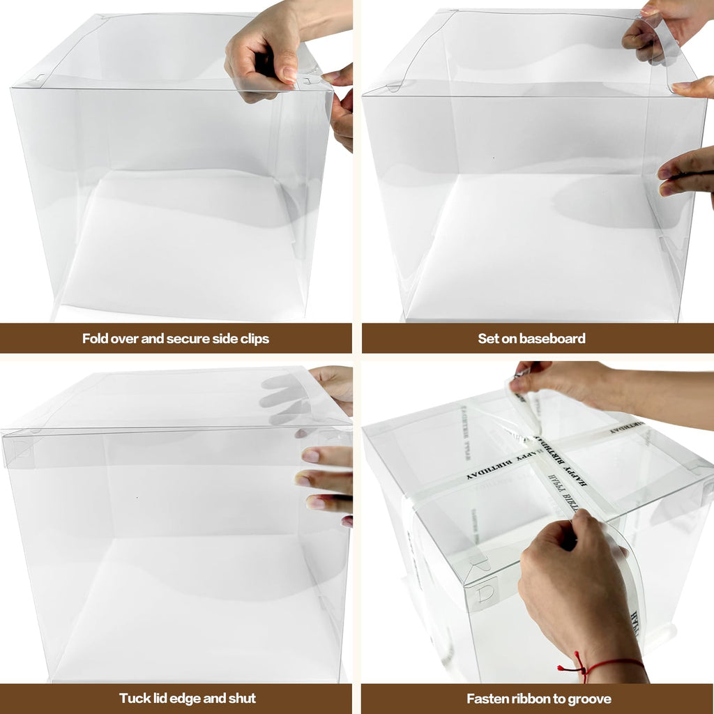 Seuqhck 6 Pack Clear Cake Box with Ribbon, 25.4 cm Tall PET Cake Carrier Boxes 2-Layer Transparent Gift Packaging Box with Lid for Wedding, Birthday, Festival Cakes Display and Transport